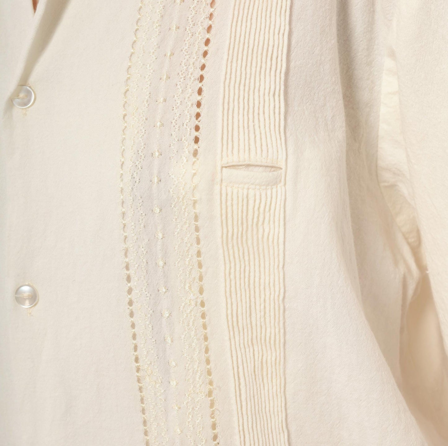 90s Cream Cotton Camp Shirt Pintuck Lace Panel Ivory Mens Large L