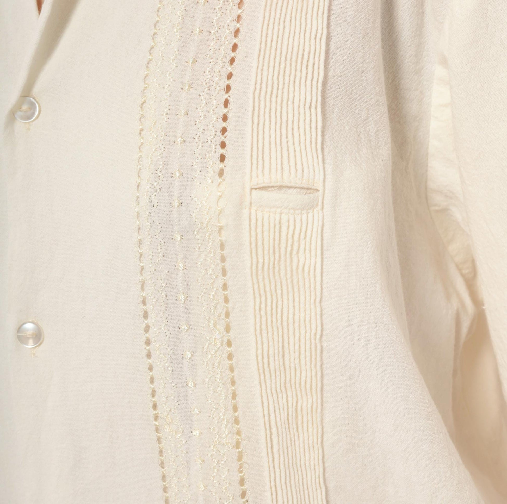 90s Cream Cotton Camp Shirt Pintuck Lace Panel Ivory Mens Large L