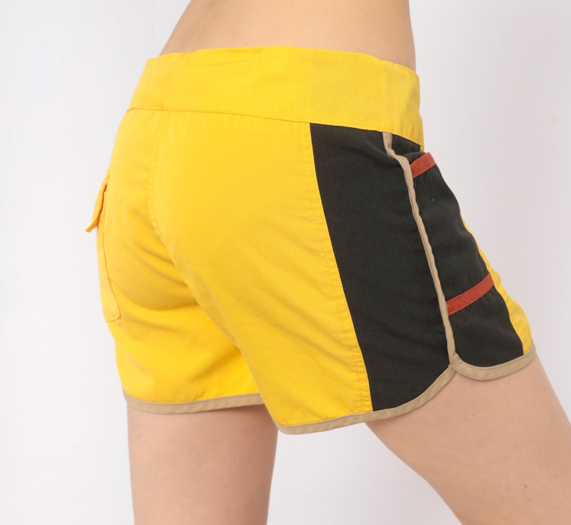 70s Golden Wave Board Shorts Yellow Black Colour Block Cotton Large L