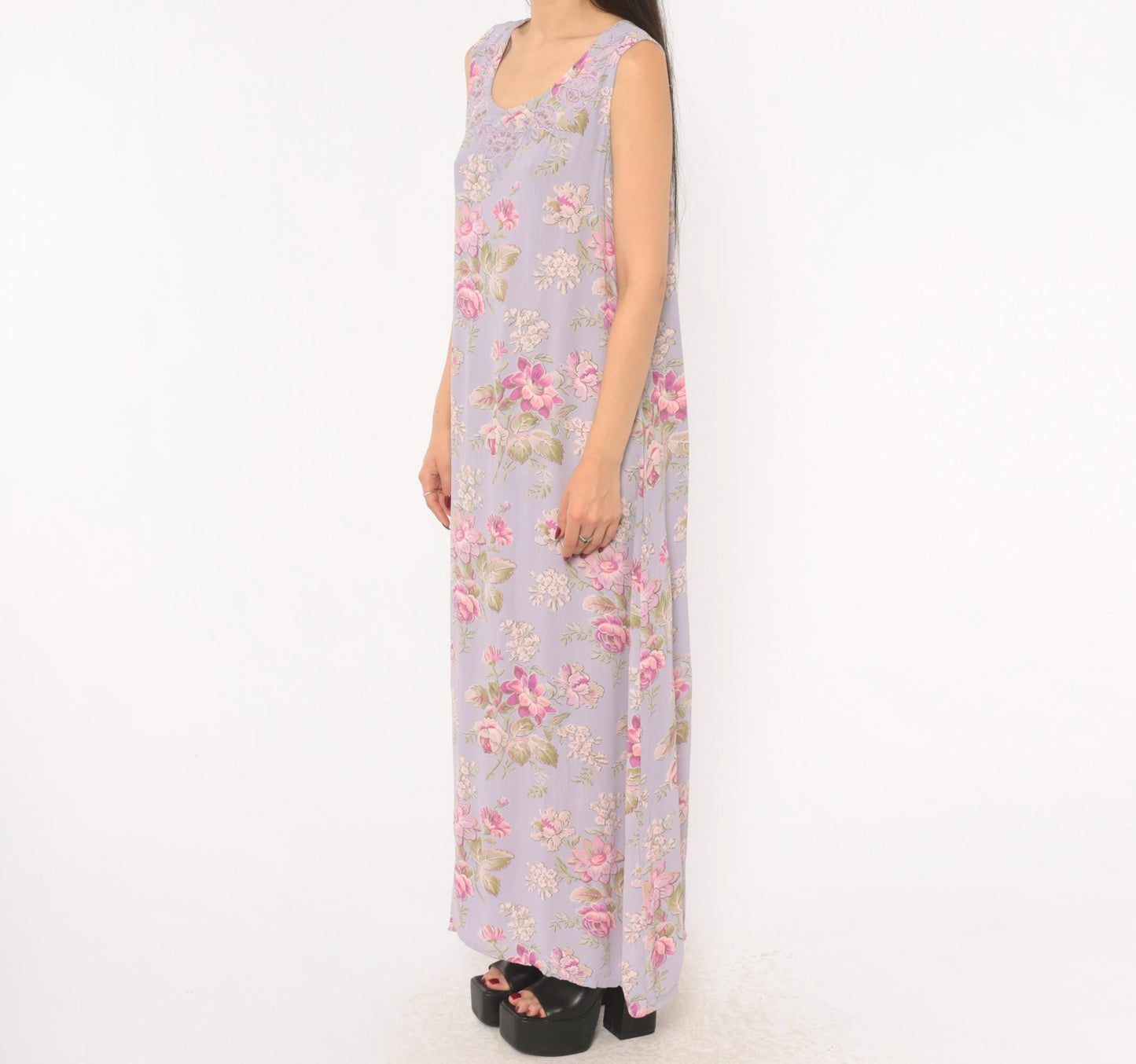 90s April Cornell Lavender Floral Maxi Dress Sequin Lace Scoop Neck Large