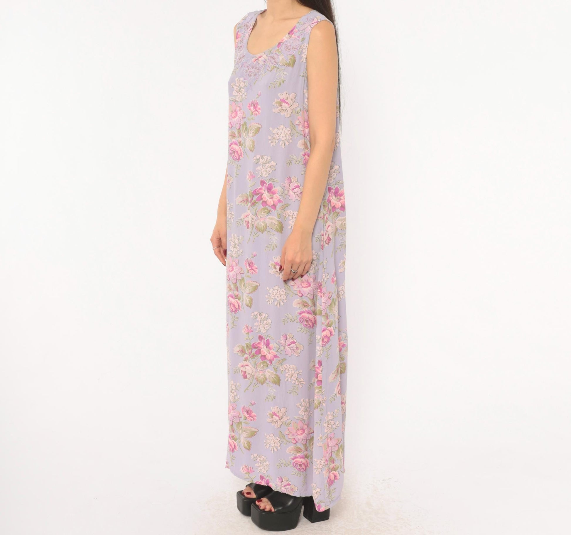 90s April Cornell Lavender Floral Maxi Dress Sequin Lace Scoop Neck Large