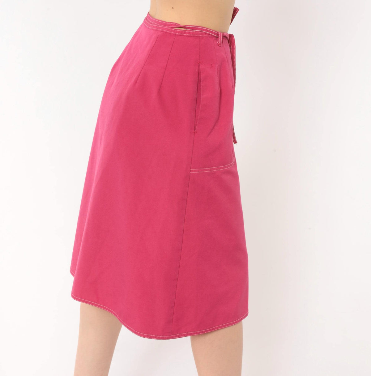 80s Koret Hot Pink A-Line Skirt Tie Waist Patch Pockets Small Medium