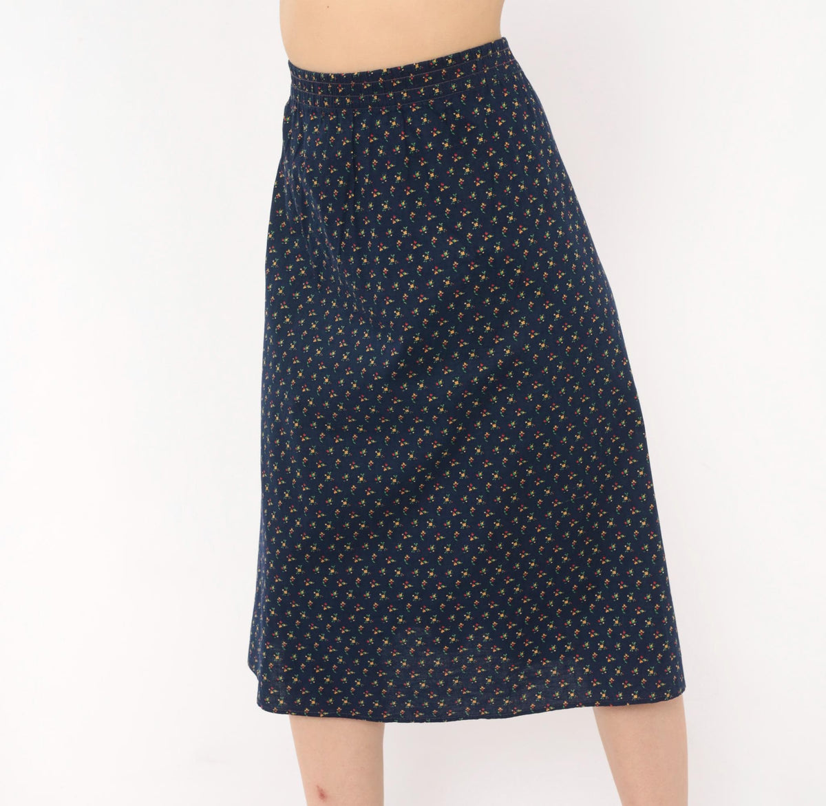 70s Faa 1st American Apparel Floral A-Line Skirt Navy Cotton Knee Length Large