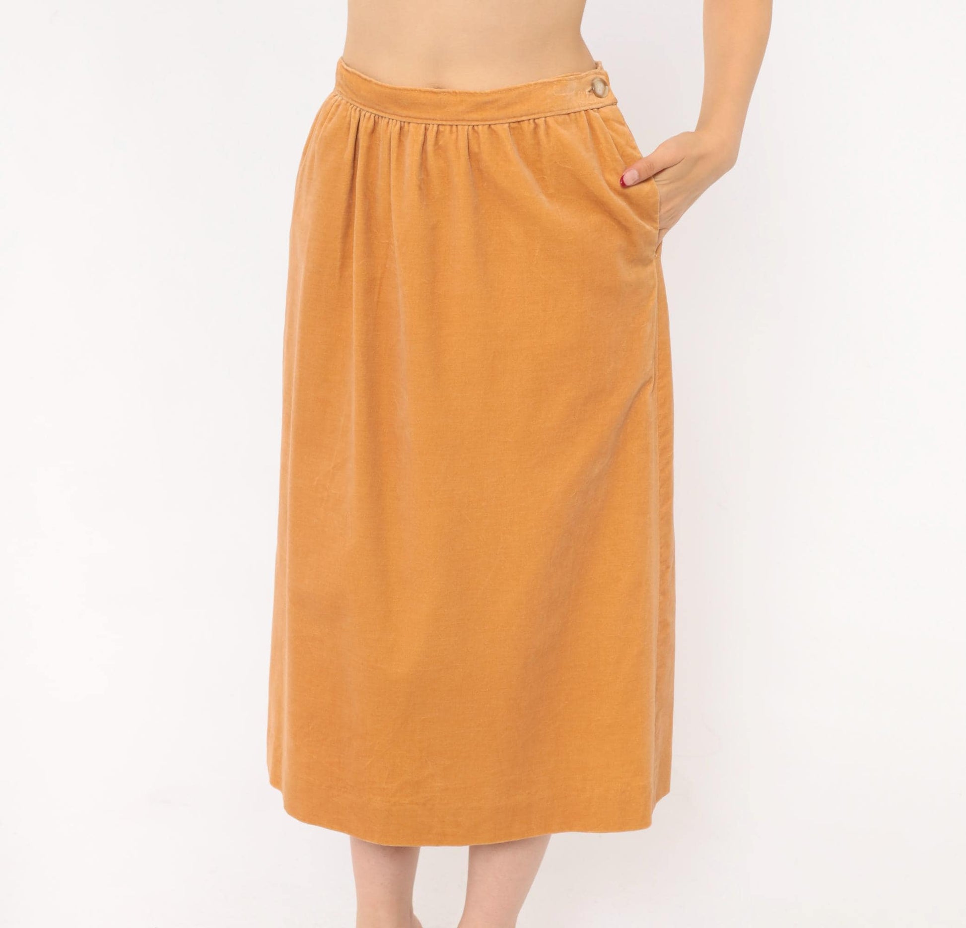 80s Evan Picone Velvet Midi Skirt Camel A-Line Button Pockets Medium M