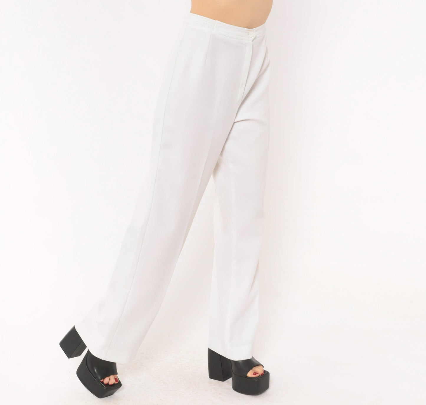 70s White High-Rise Wide-Leg Trousers Pleated Straight Pants Large L