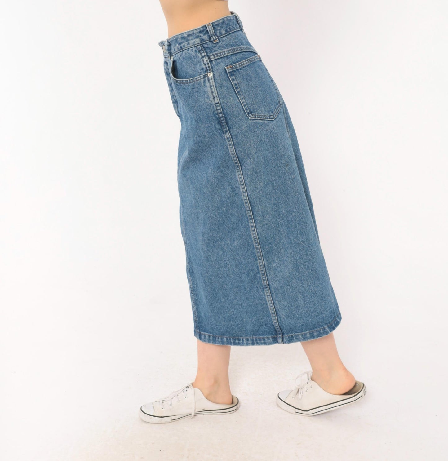 90s Jordache Denim Midi Skirt Medium Wash High Waist Straight Pencil Back Slit Small