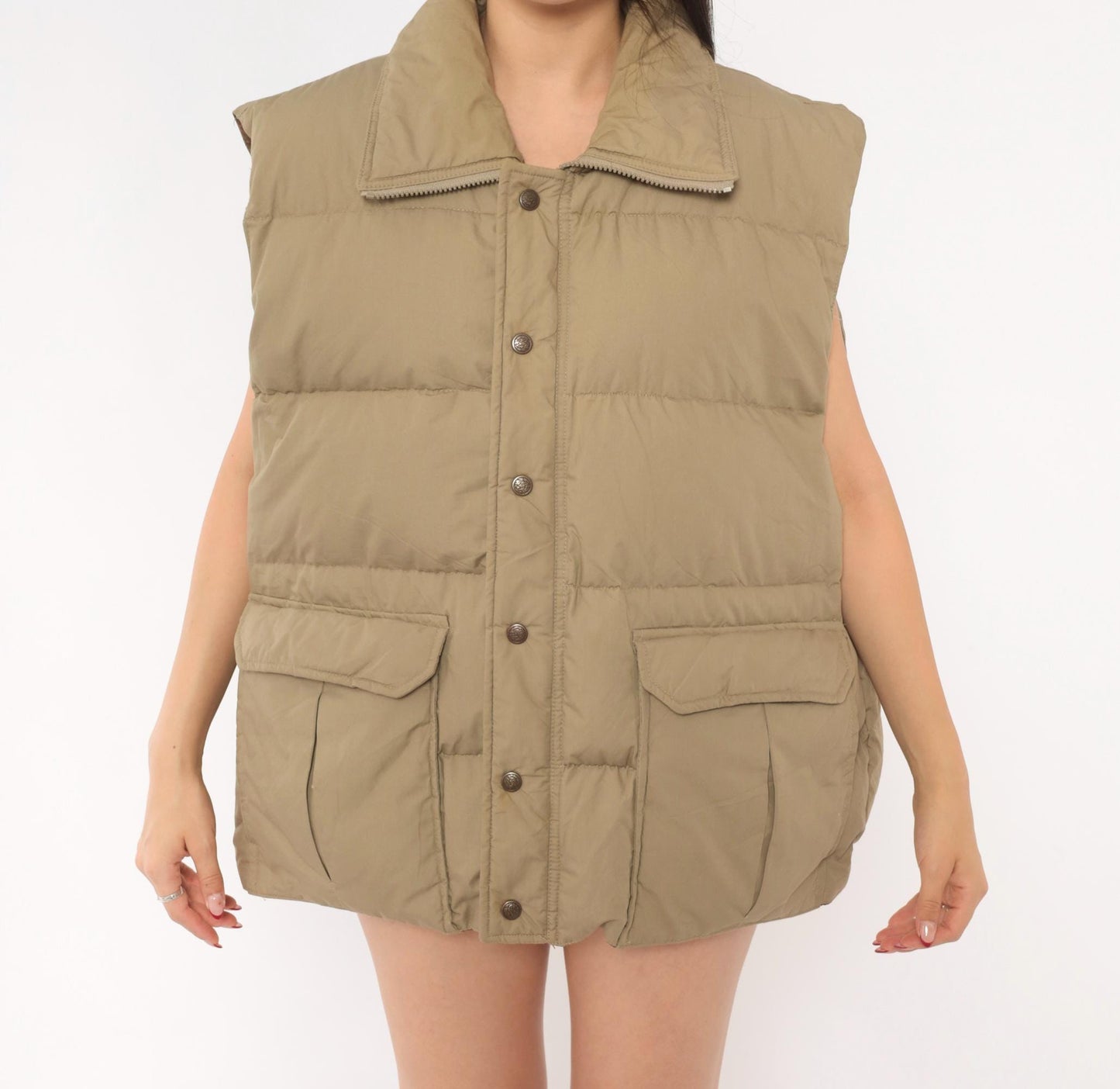 80s Tan Puffer Vest Sears Snap Front Quilted Down Gilet Plus Size XXL