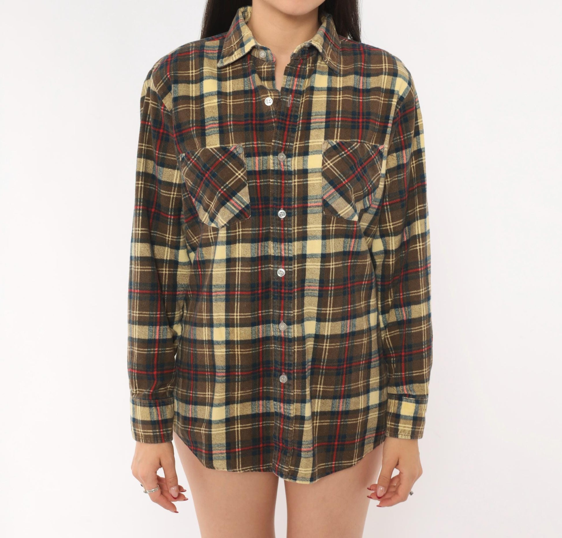 90s Chandler Plaid Flannel Shirt Brown Tan Red Navy Cotton Small S