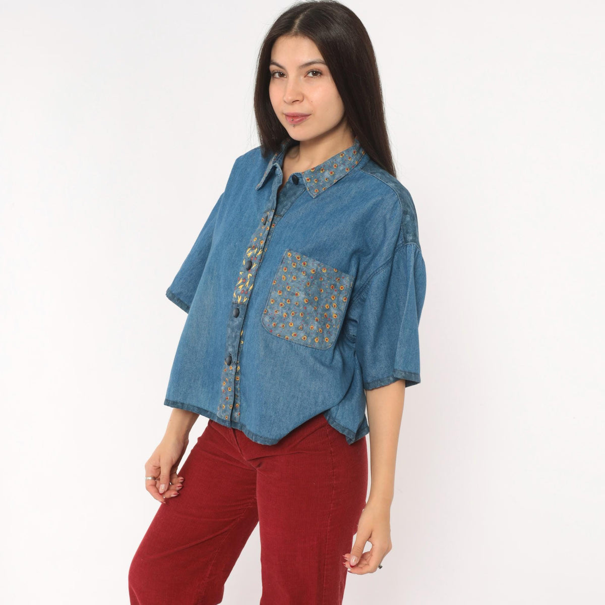 90s St. Jeanne Denim Shirt Patchwork Print Button Front Cotton Extra Large XL