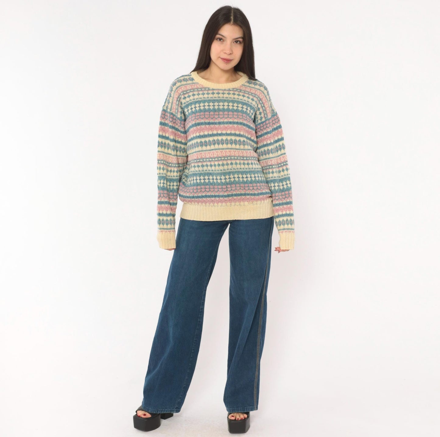 80s American Eagle Fair Isle Wool Sweater Cream Pink Blue Large