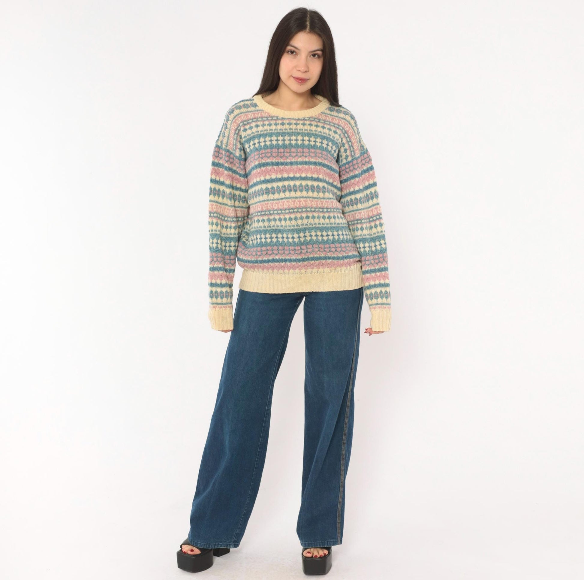 80s American Eagle Fair Isle Wool Sweater Cream Pink Blue Large