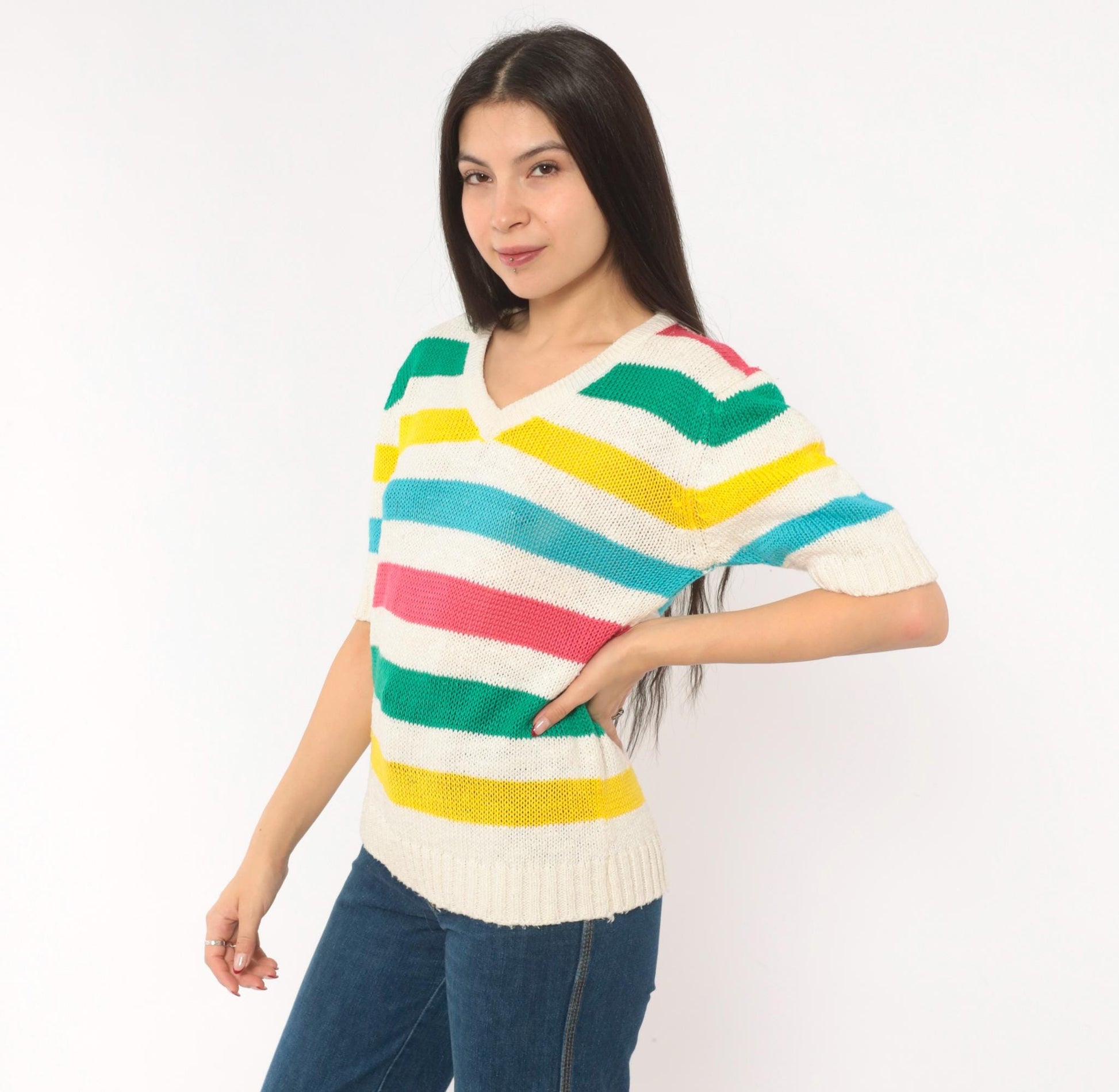 90s Brittania Rainbow Stripe V-Neck Knit Pullover Cream Cotton Medium M