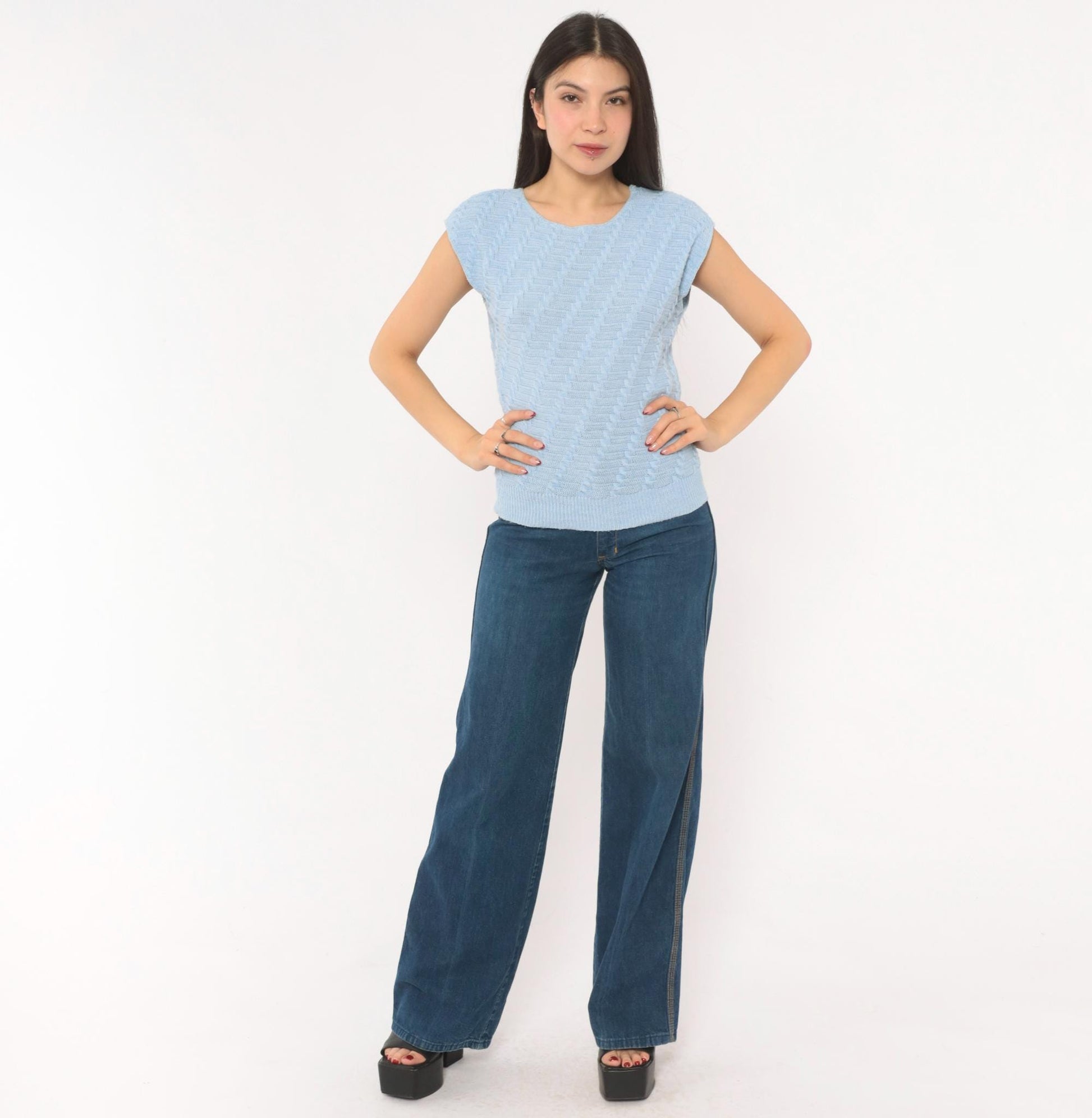 80s King Basketweave Knit Top Cap Sleeve Powder Blue Small Medium