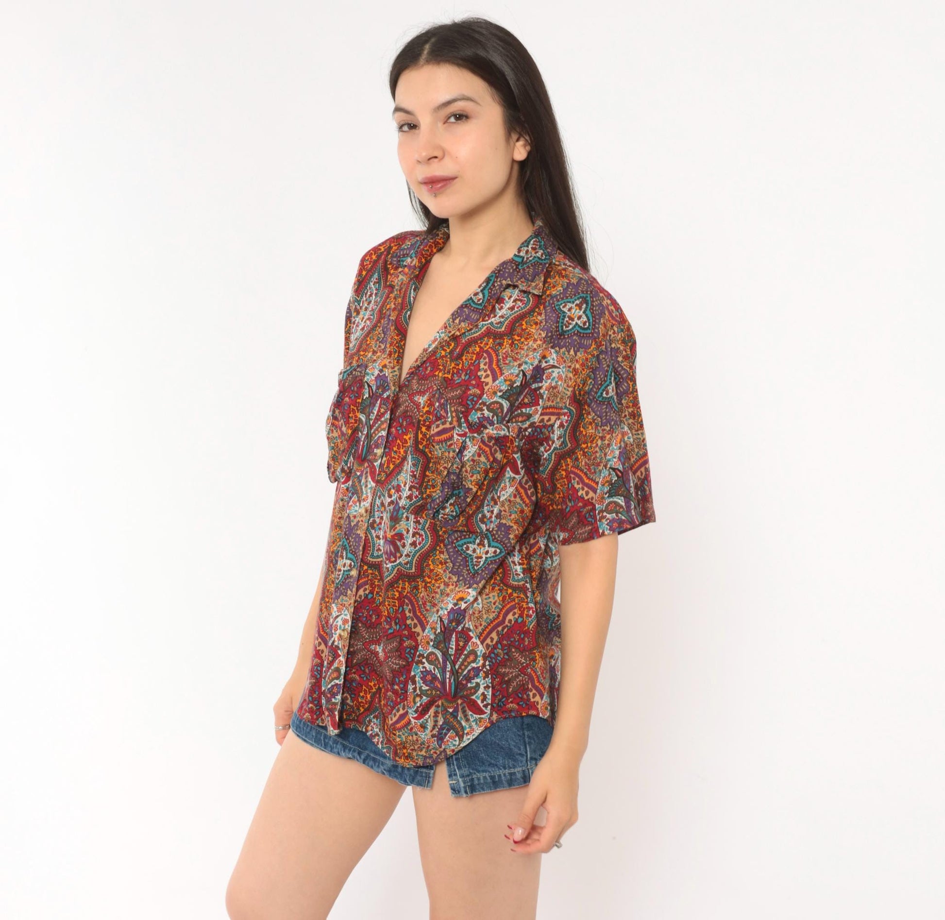 90s Outback Red Paisley Button Front Shirt Camp Collar Purple Medium M
