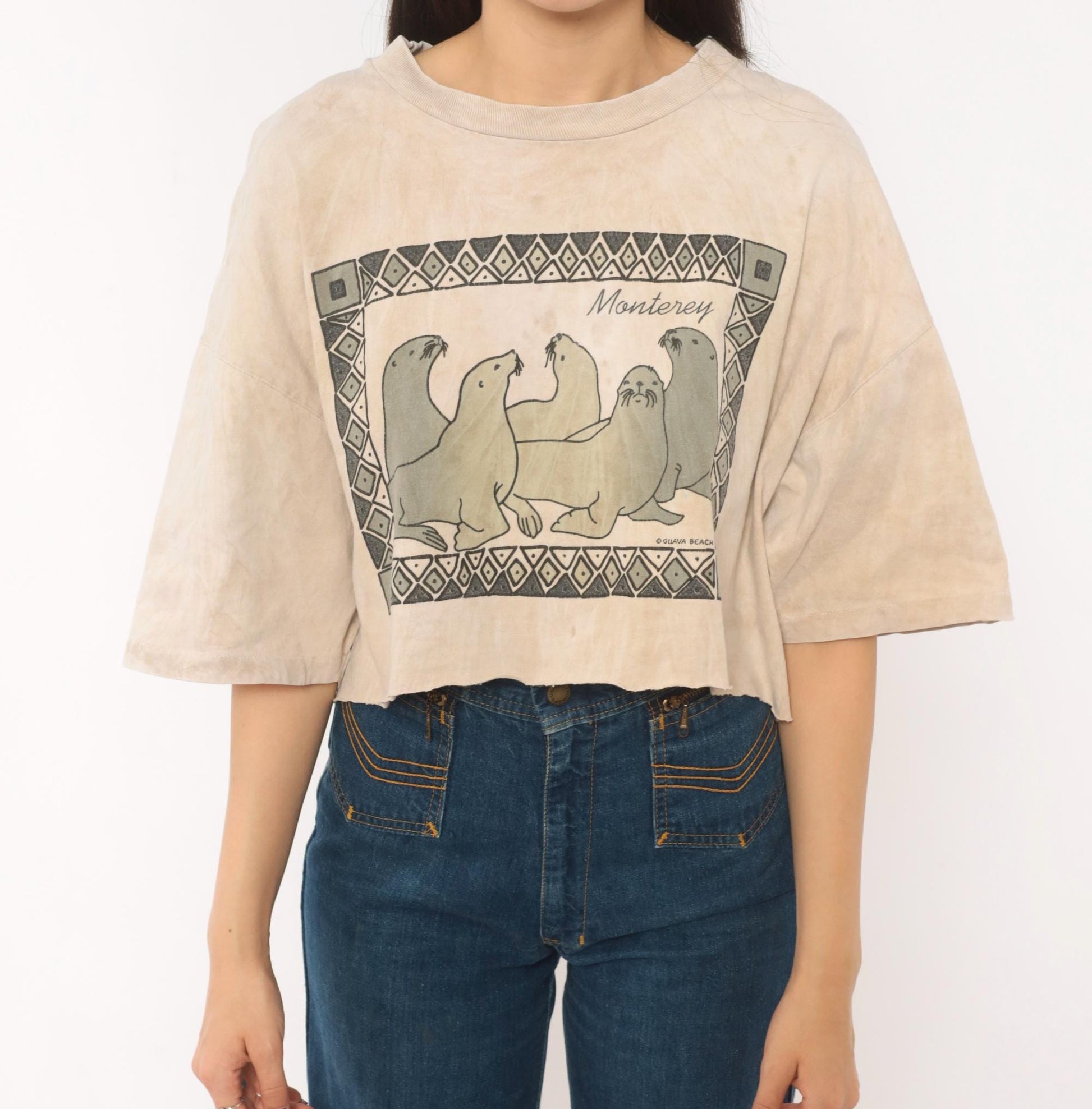 90s Guava Beach Monterey Sea Lion Crop Top Tan Acid Wash Cotton Medium