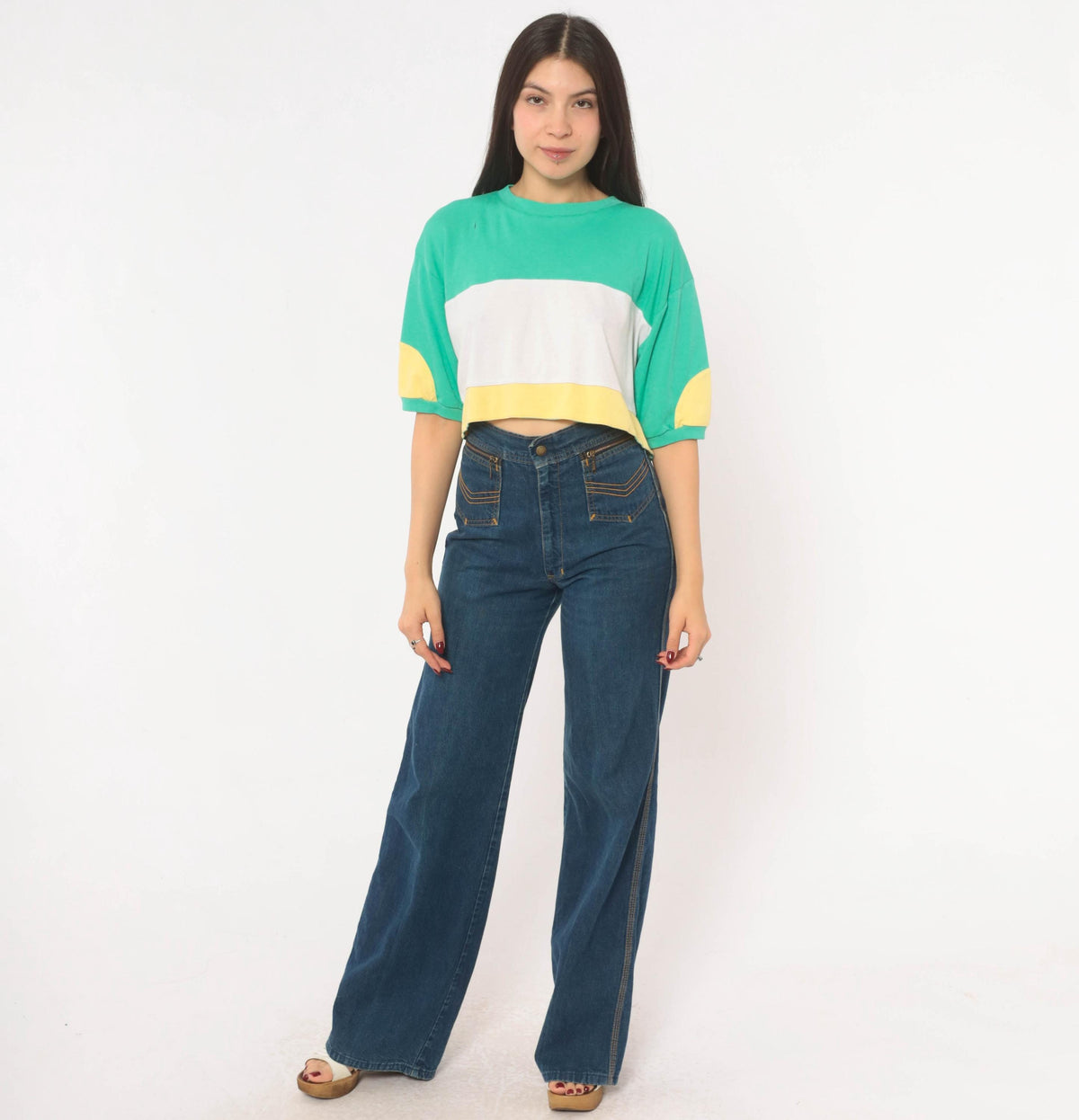 80s Color Block Crop Top Green White Yellow Cotton Medium M