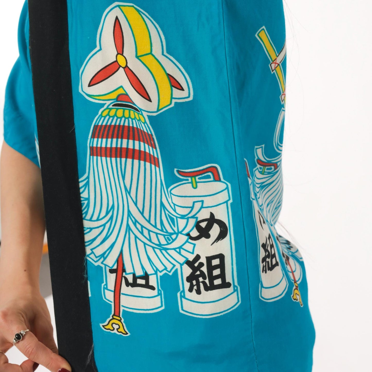 90s Japanese Festival Happi Coat Teal Matsuri Kanji Pinwheel Lantern Open Front Extra Small