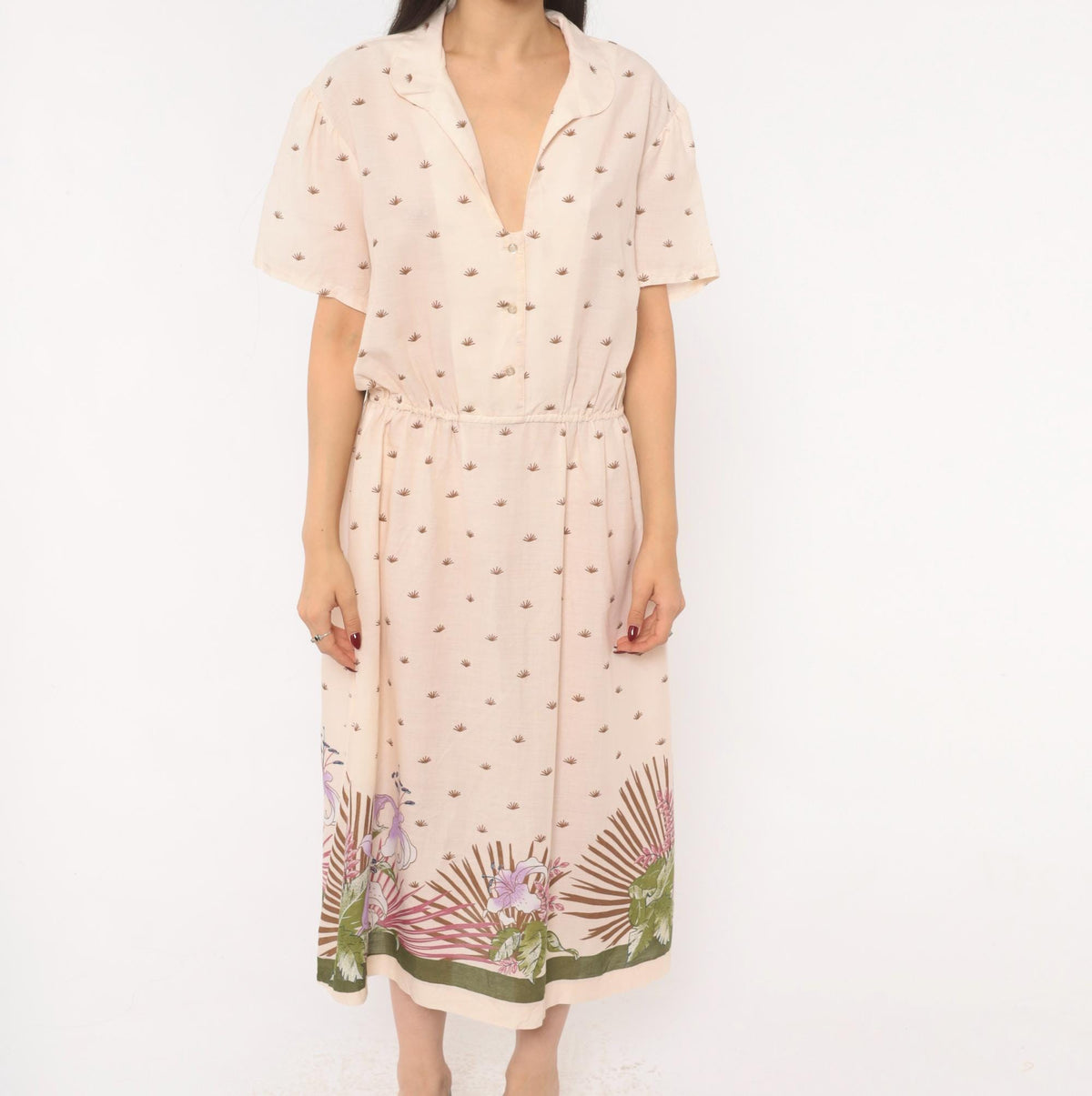 80s Jenny Wren Tropical Border Midi Dress Cotton Button Front Cream Extra Large