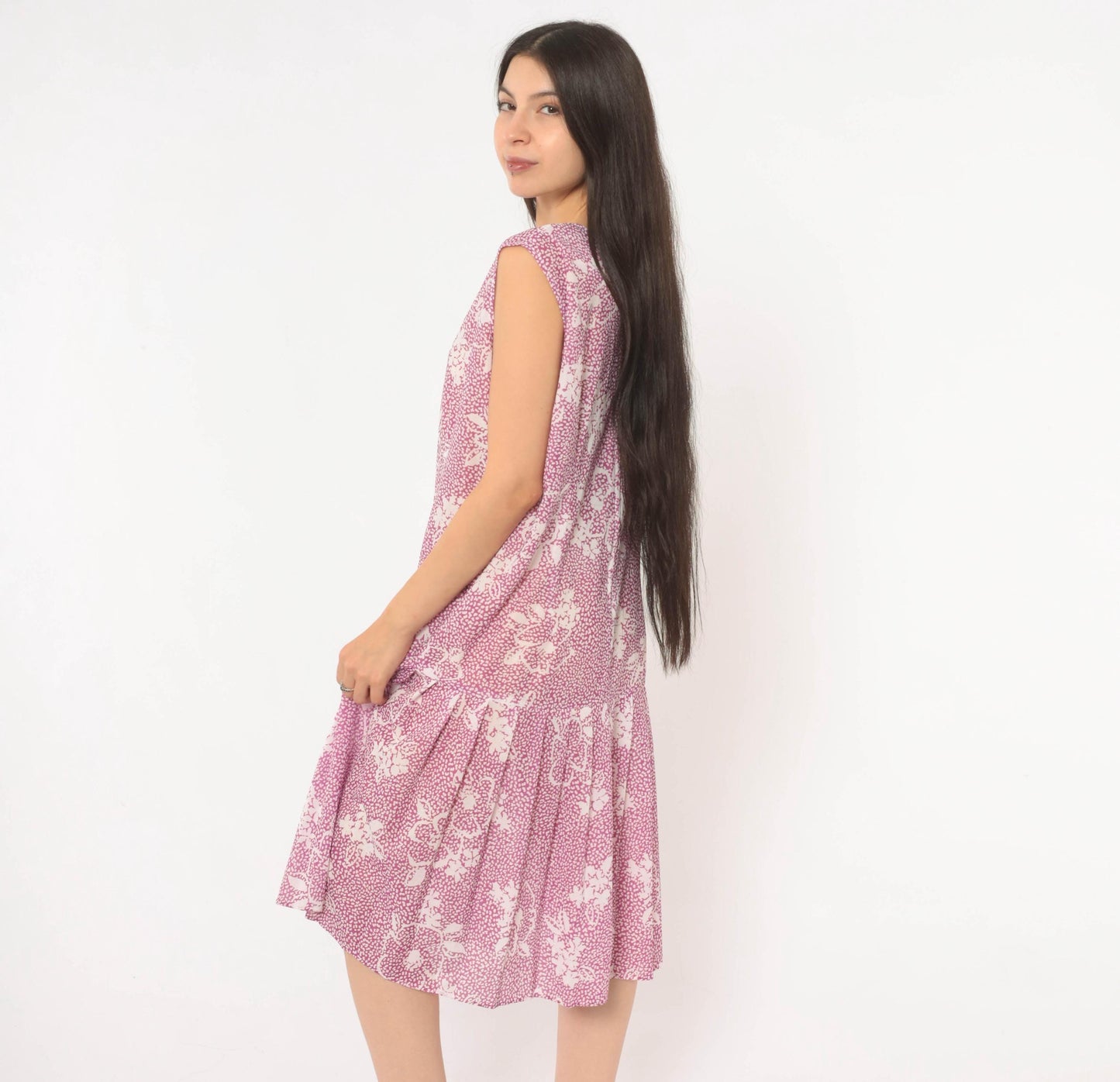 80s California Looks Floral Drop Waist Dress Purple White Knee Length XL