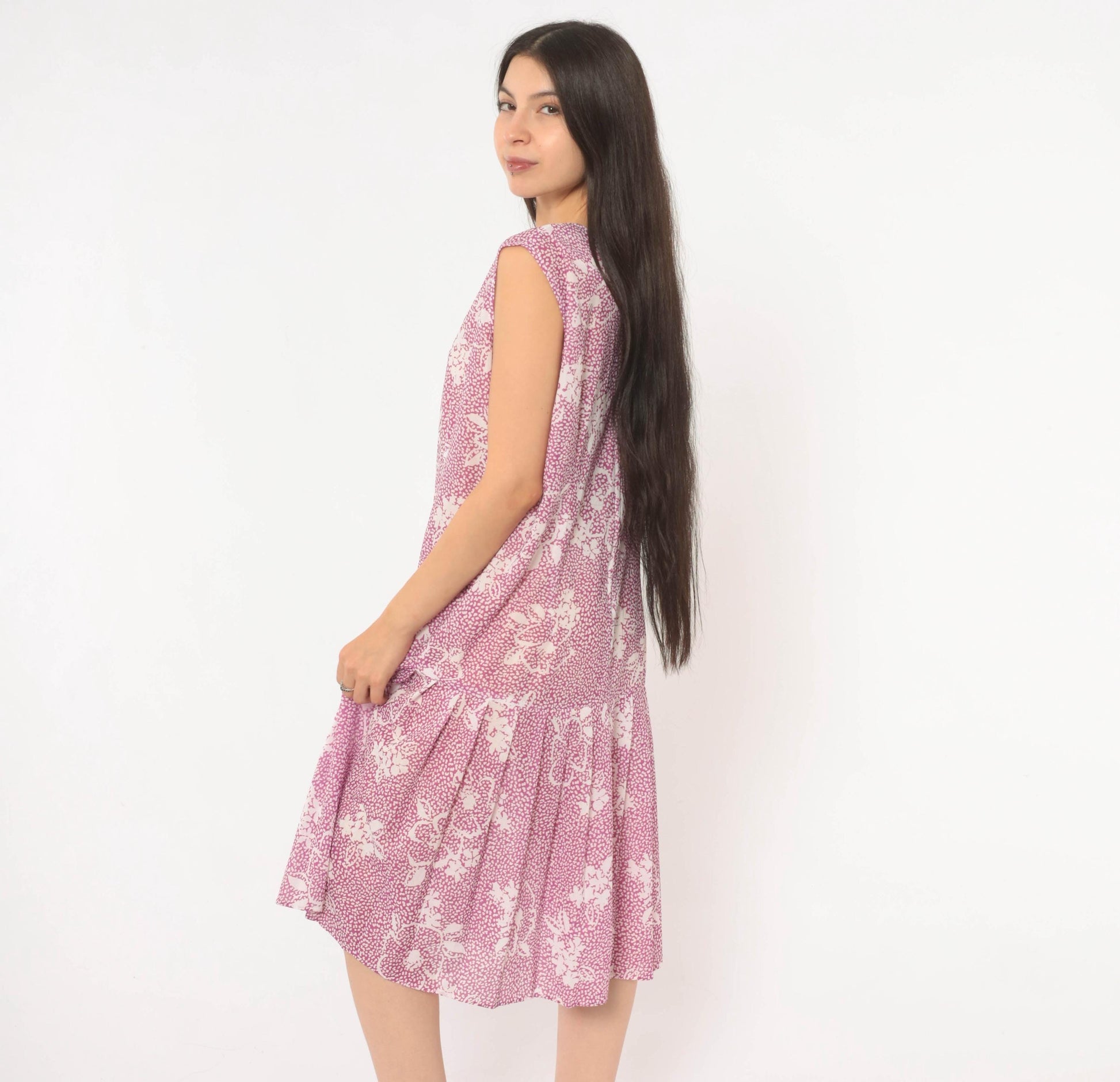 80s California Looks Floral Drop Waist Dress Purple White Knee Length XL