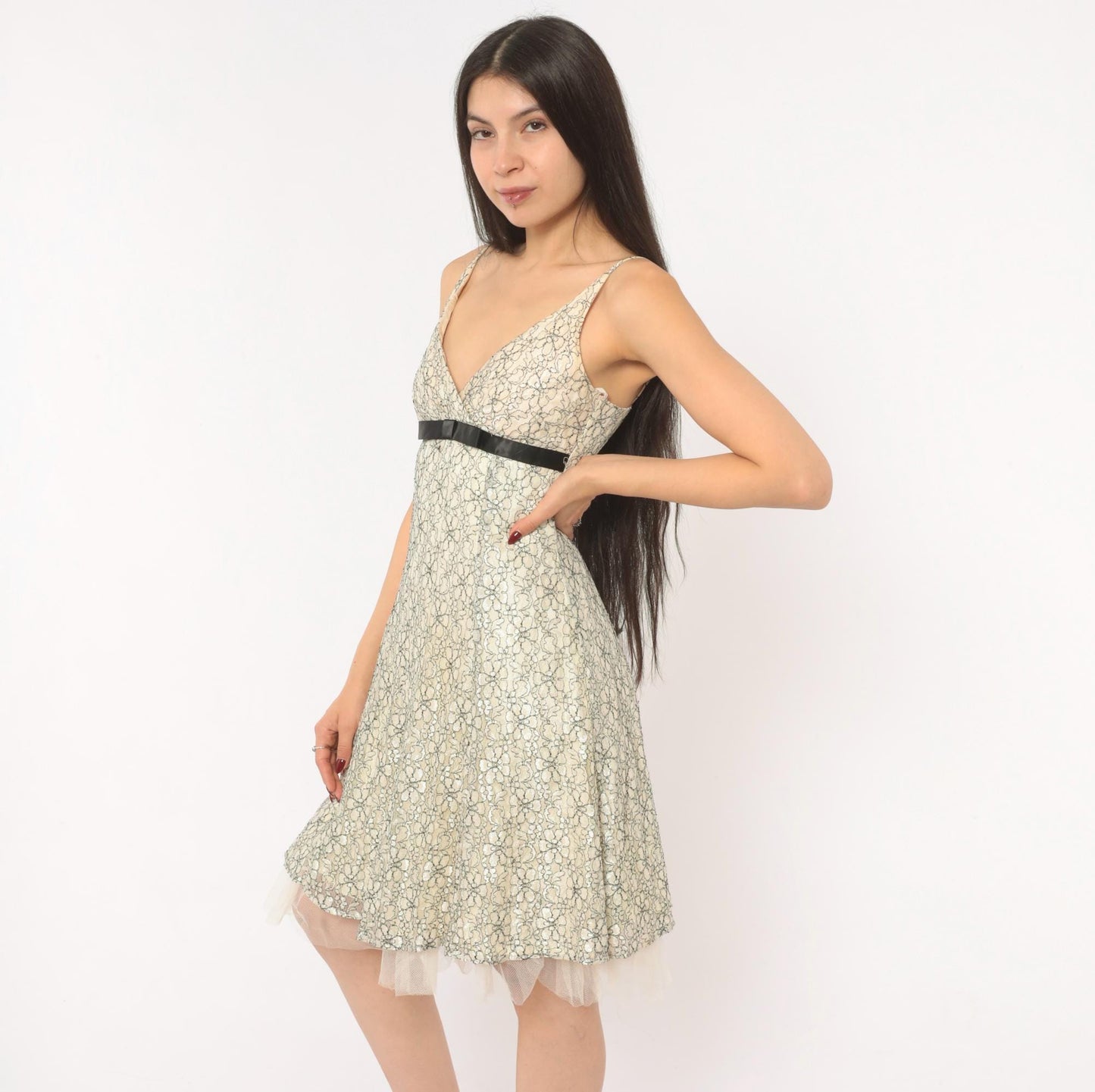 Y2K Intrigue Lace Floral Sundress Cream Black Satin Ribbon Empire Waist Extra Small XS
