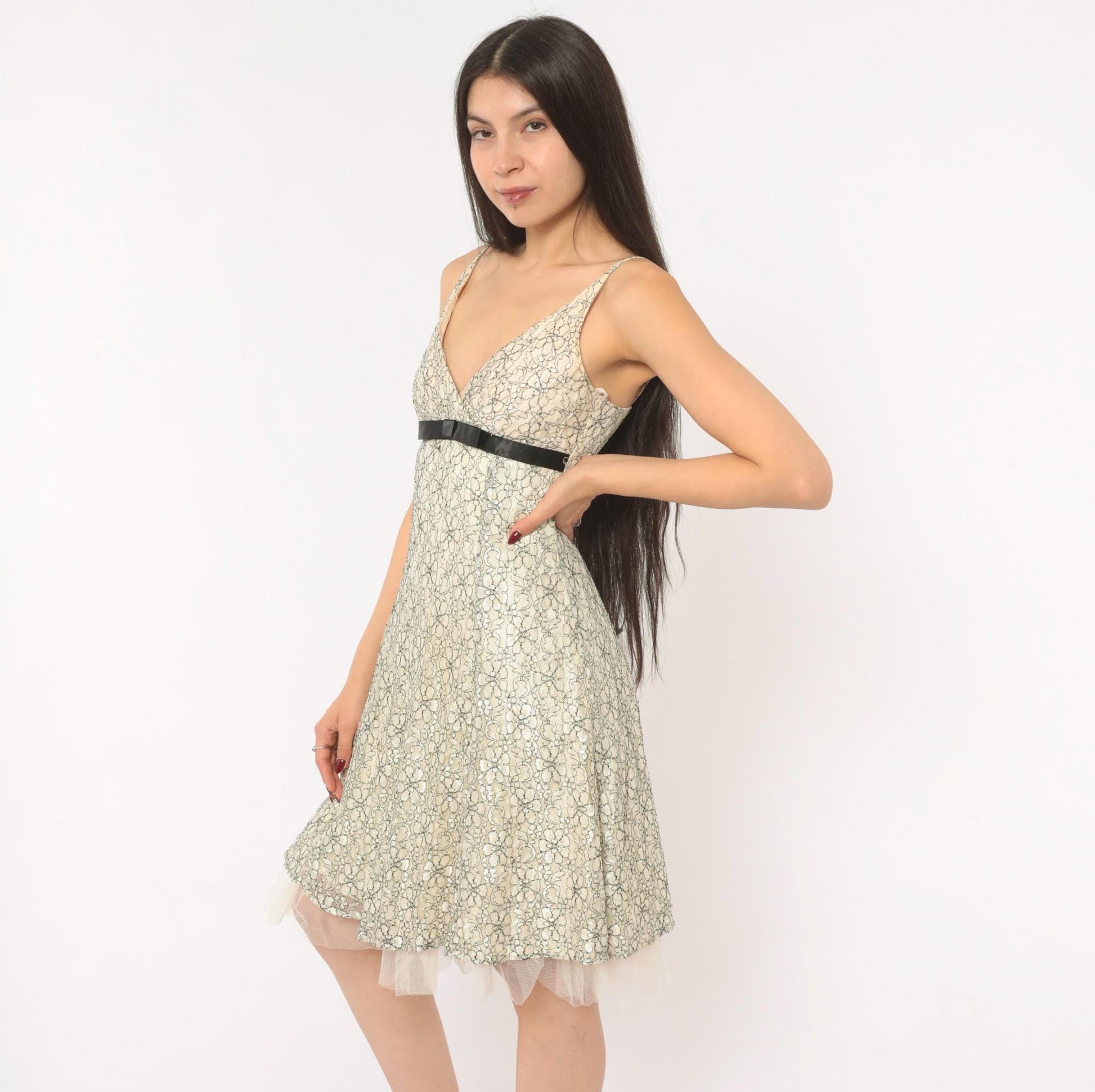 Y2K Intrigue Lace Floral Sundress Cream Black Satin Ribbon Empire Waist Extra Small XS