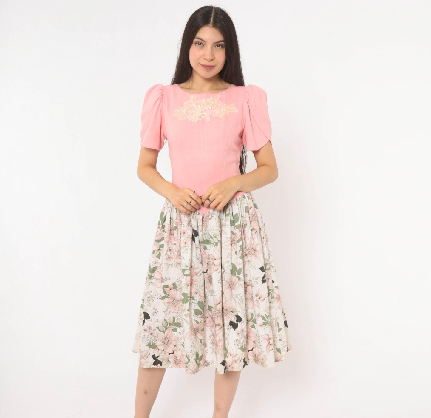 80s Pink Floral Puff Sleeve Dress Bow Back Drop Waist Cotton Small