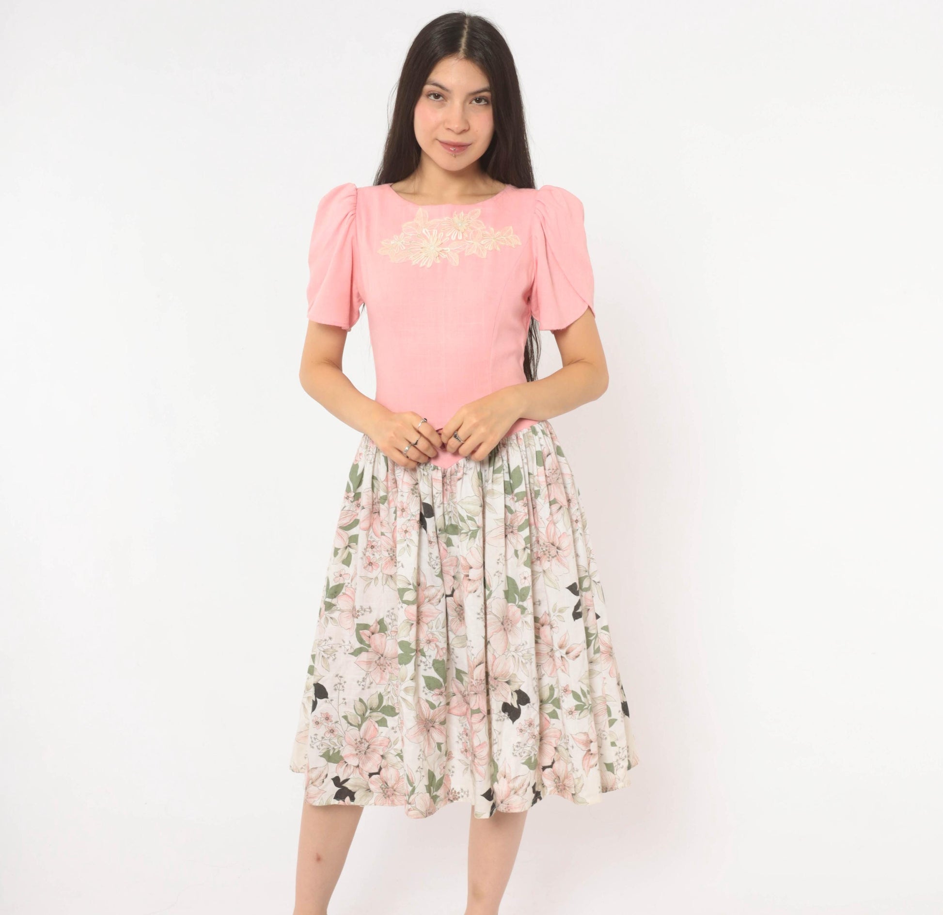 80s Pink Floral Puff Sleeve Dress Bow Back Drop Waist Cotton Small
