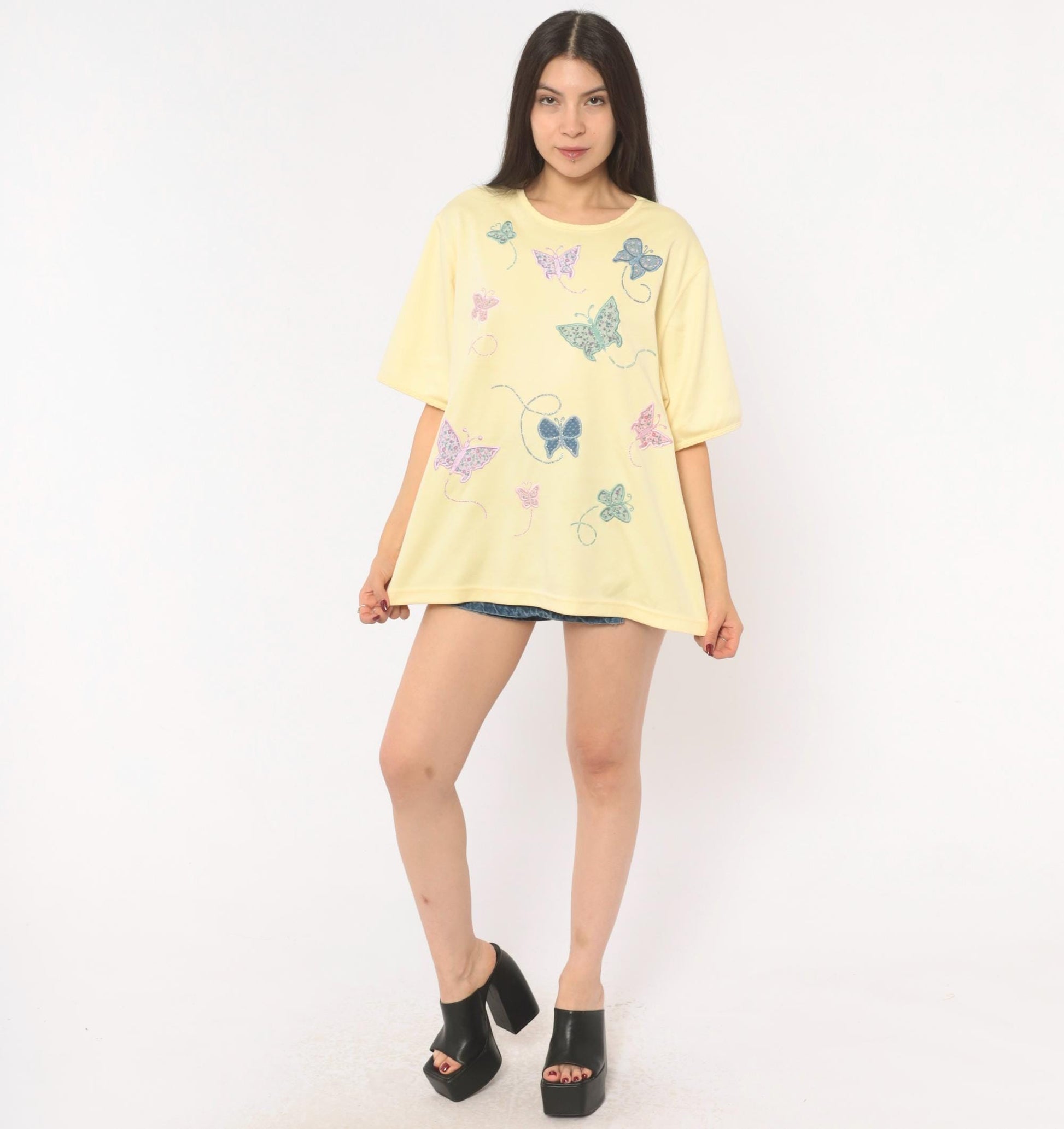 90s Bonworth Butterfly Applique Top Yellow Cotton Crew Neck Extra Large XL