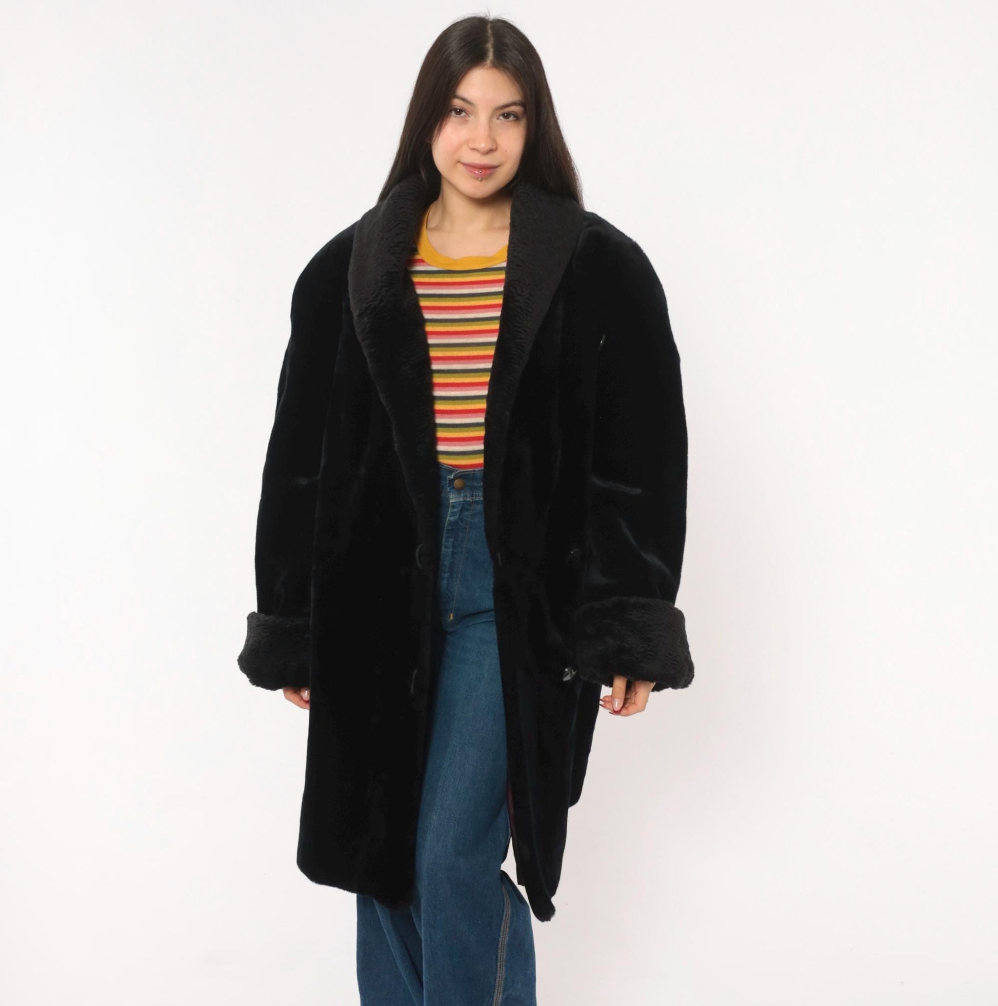 70s Gallery Black Faux Fur Coat Astrakhan Collar Knee-Length Extra Large XL