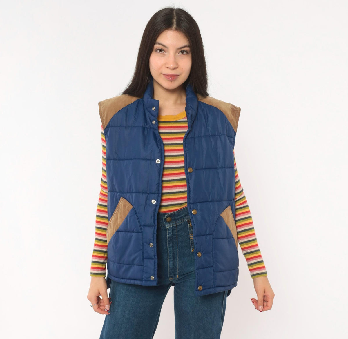 80s Navy Puffer Vest Quilted Suede Trim Snap Front Stand Collar Medium M