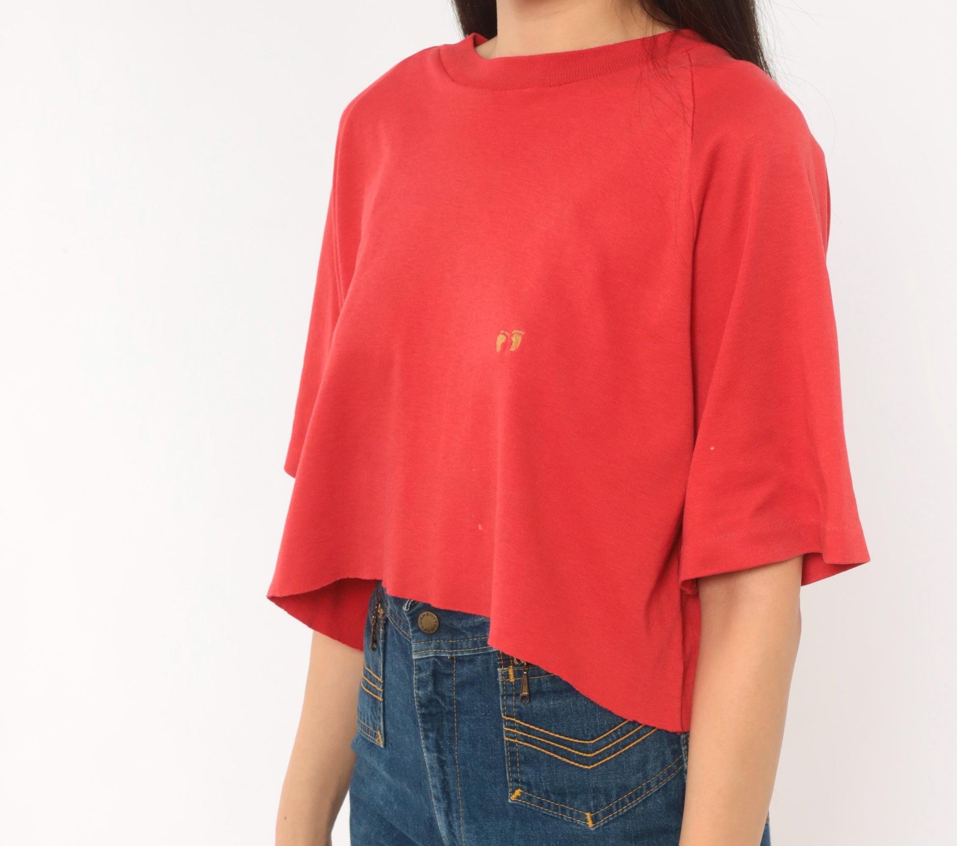 80s Hang Ten Red Cropped Raglan Tee Embroidered Logo Cotton Large L