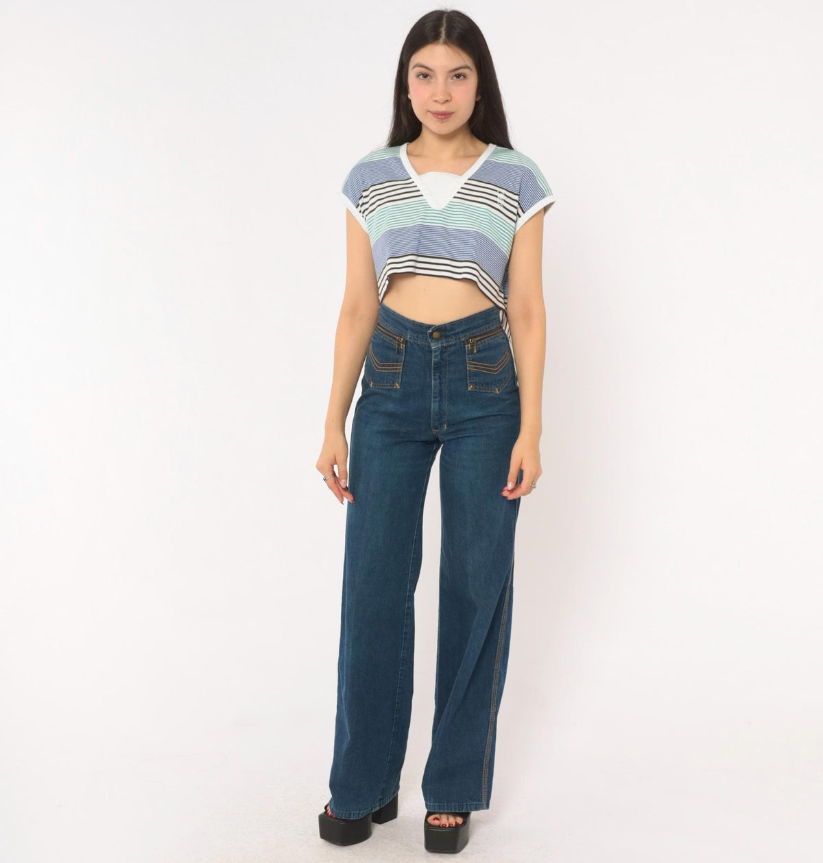80s Lily's of Beverly Hills Striped Crop Top V-Neck Cap Sleeve Medium