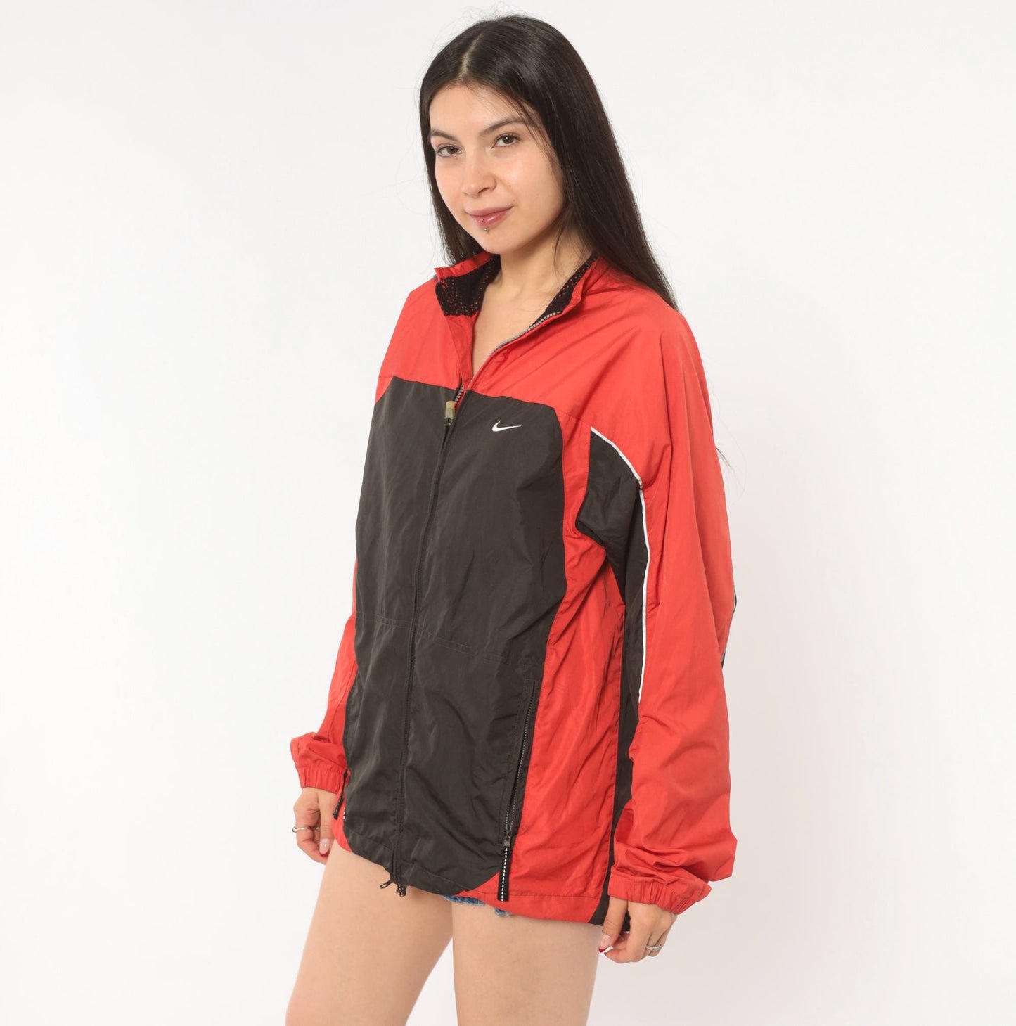 2000s Nike Windbreaker Red Black Color Block Raglan Small S