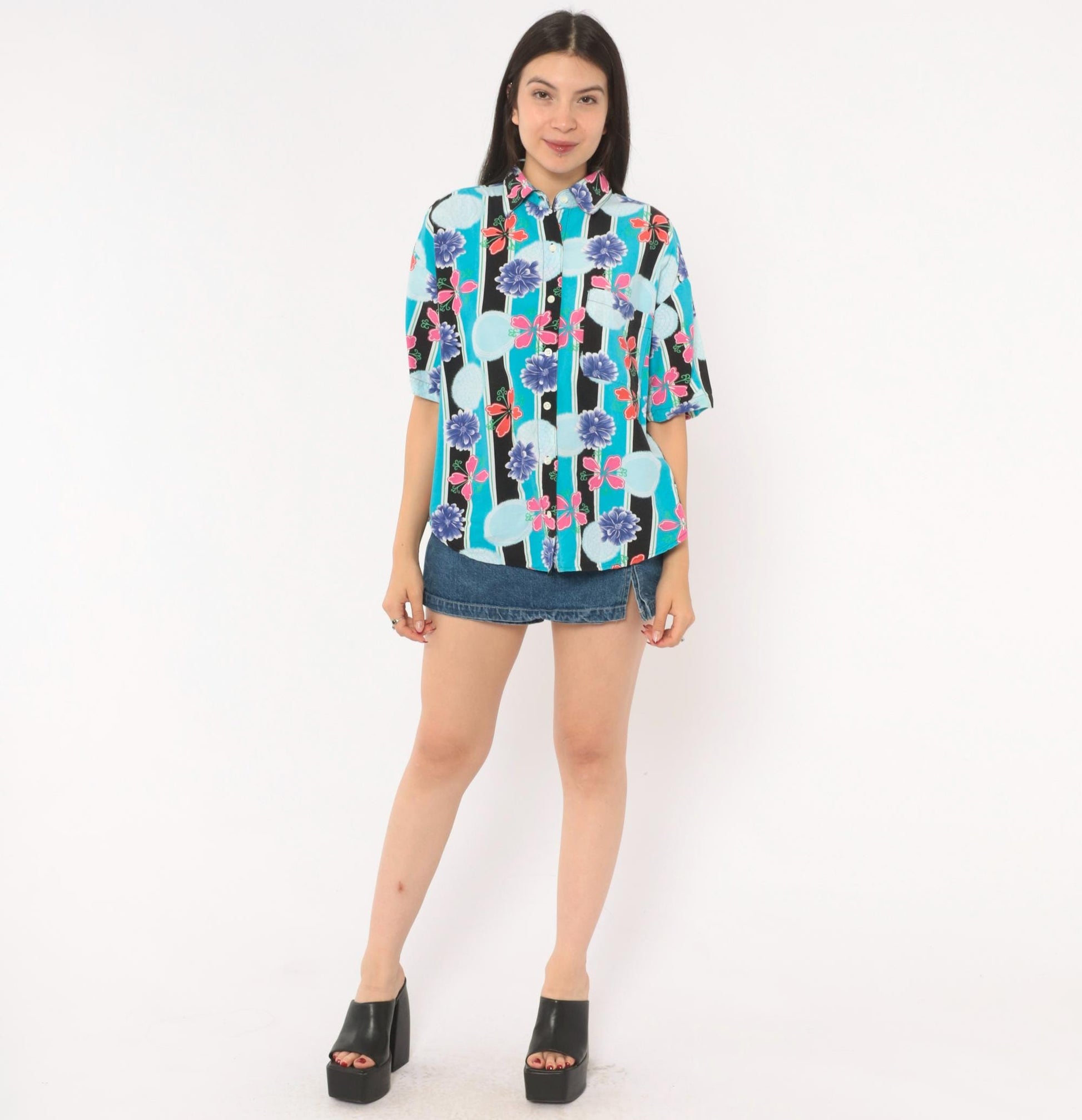 90s Justin Allen Chemise Floral Button Shirt Turquoise Chrysanthemum Medium M