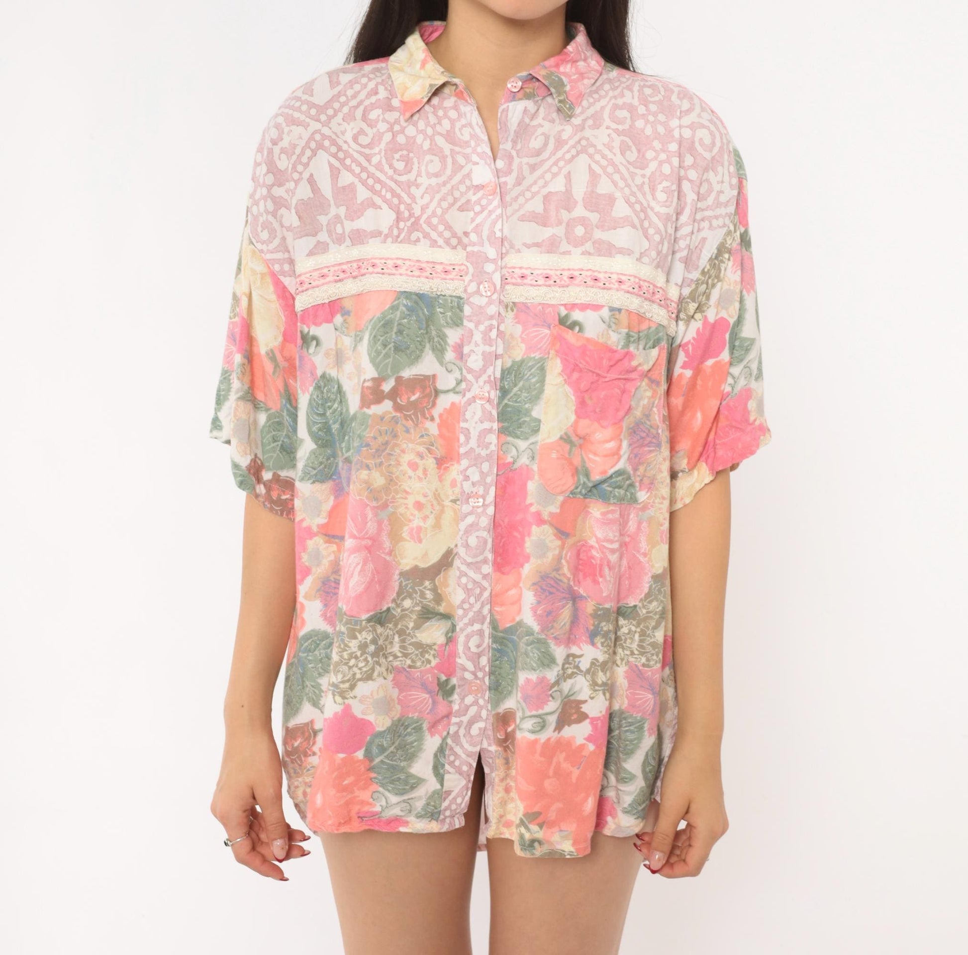 90s Hg Ny Floral Button Up Blouse Pink Cream Lace Trim Large L