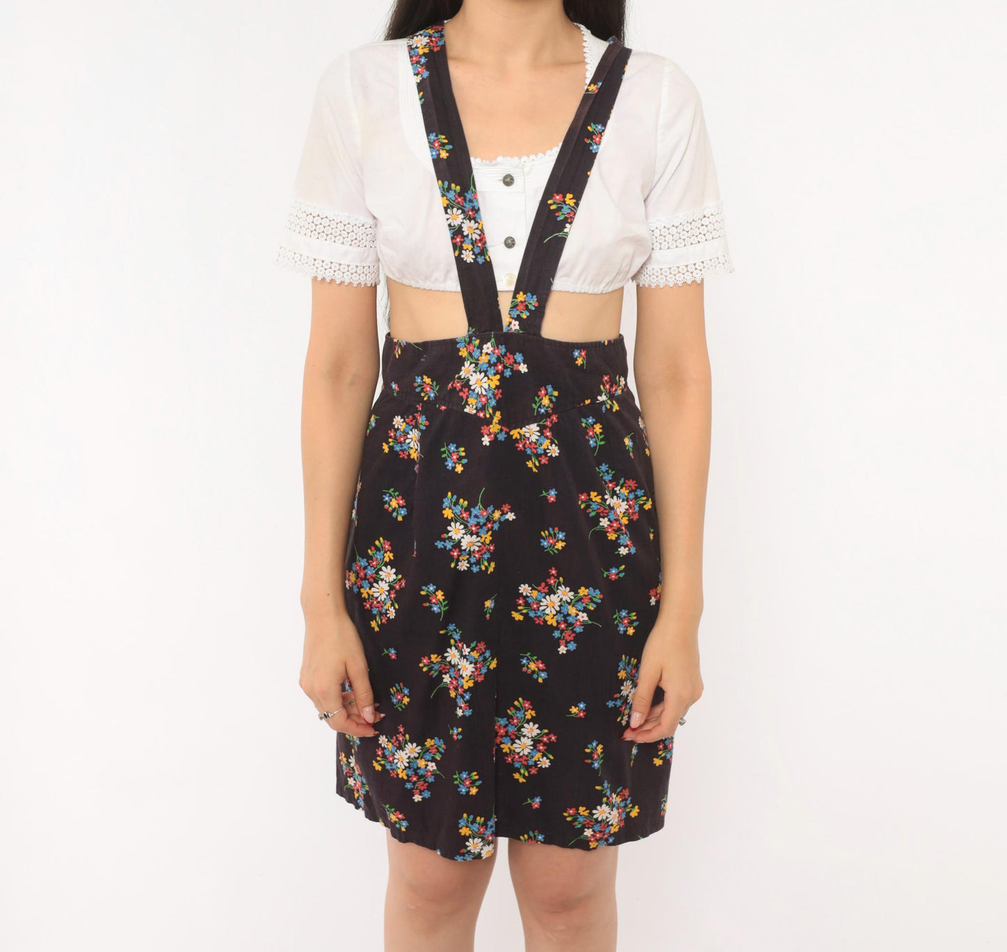 70s Black Floral Suspender Mini Dress Cotton Wildflower Print Small S