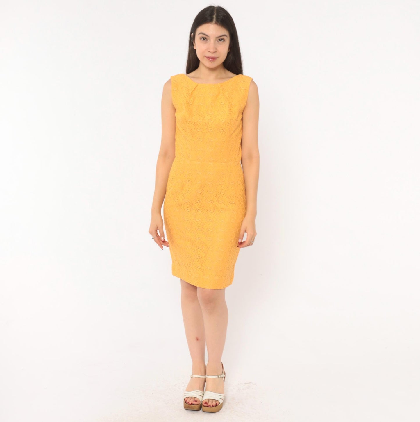 60s Golden Orange Lace Sheath Dress Boat Neck Sleeveless Knee Length Small
