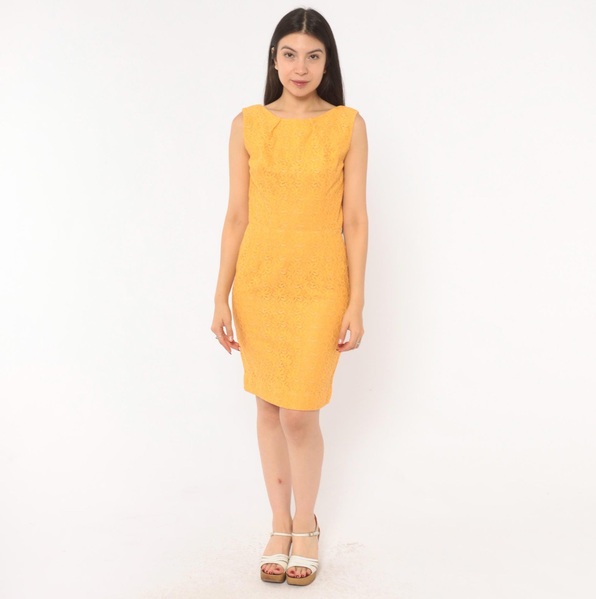 60s Golden Orange Lace Sheath Dress Boat Neck Sleeveless Knee Length Small