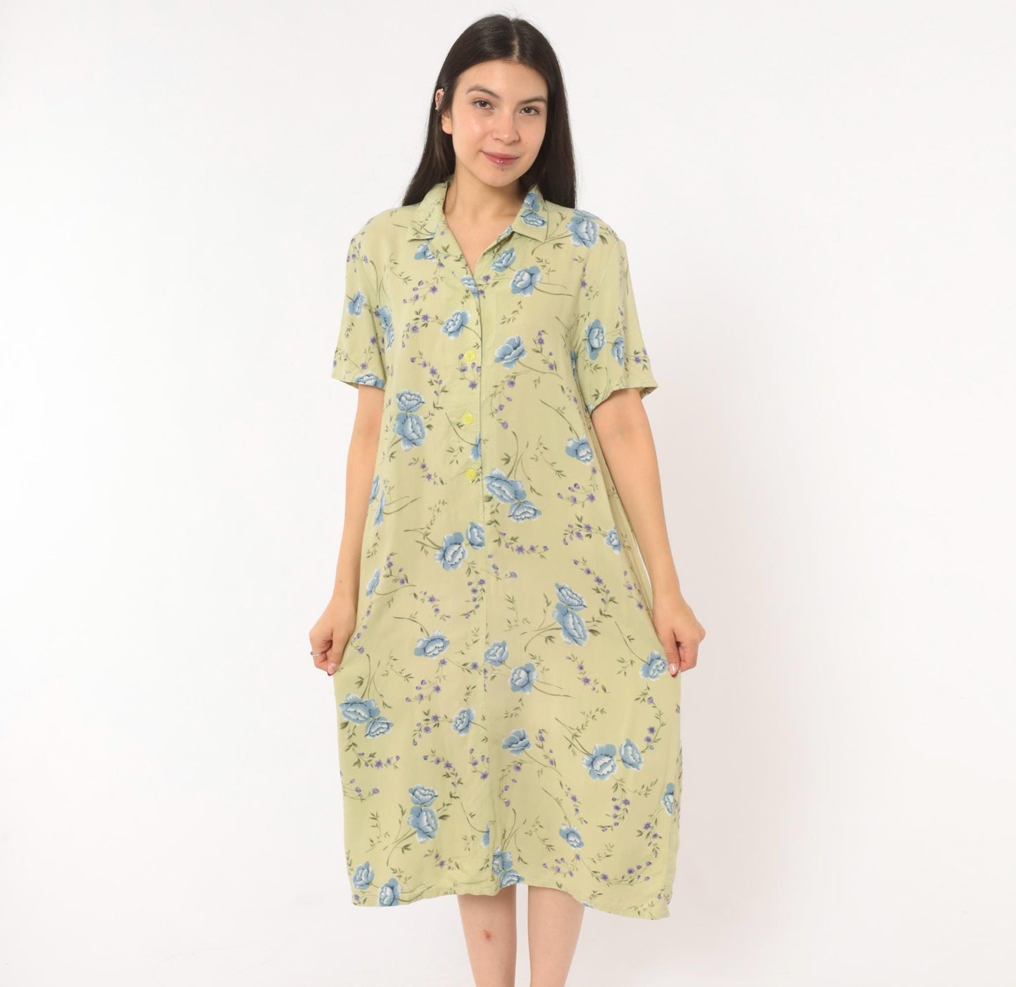 90s Sage Green Floral Shirt Dress Blue Rose Print Midi Medium M