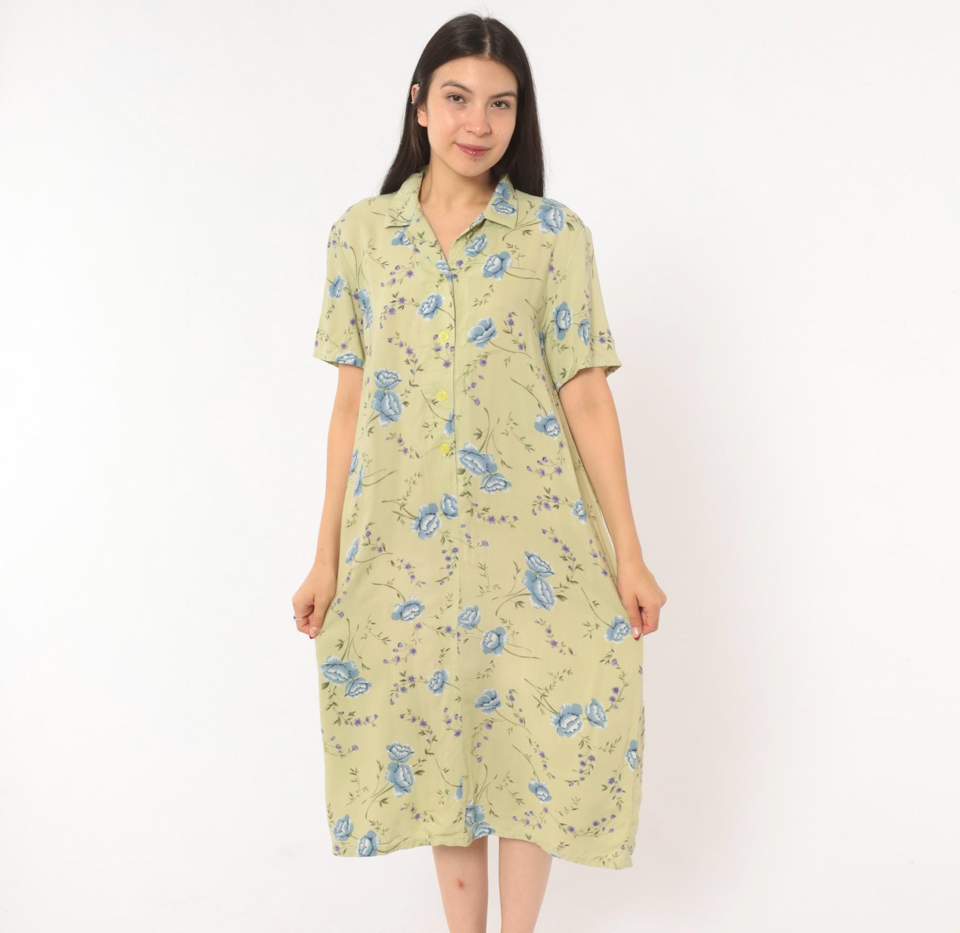 90s Sage Green Floral Shirt Dress Blue Rose Print Midi Medium M