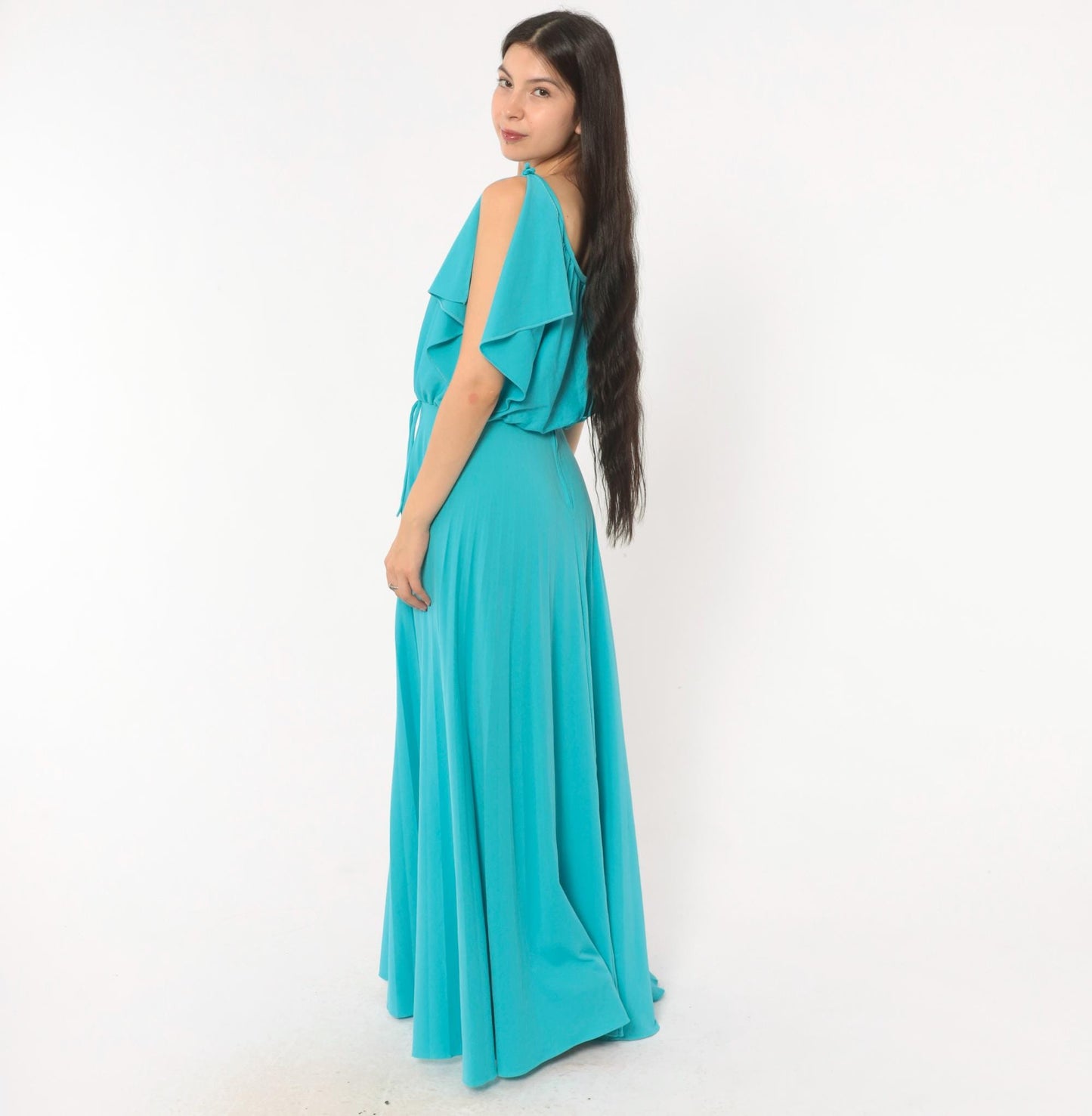 70s Turquoise Maxi Dress Cold Shoulder Flutter Sleeve Blouson Bodice Medium