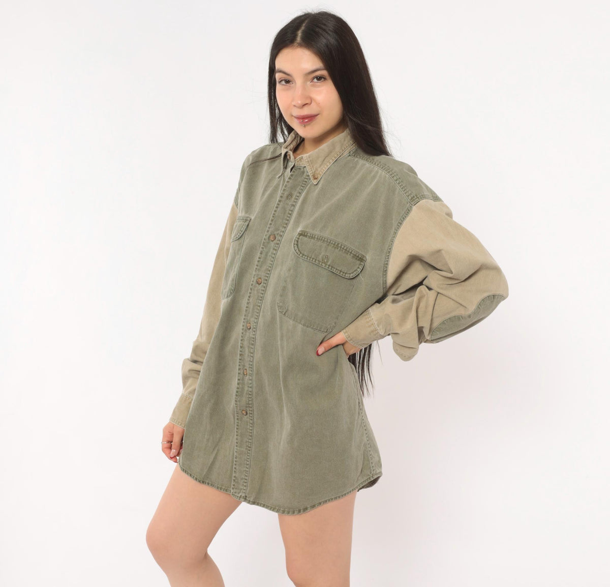90s Redhead Two-Tone Corduroy Button-Up Shirt Olive Tan Large L