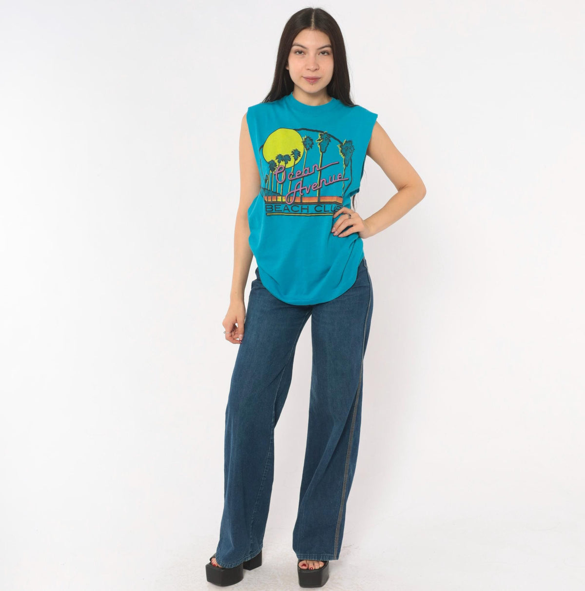 80s Chemise D'Sol Ocean Avenue Beach Club Teal Graphic Tee Palm Tree Sunset Small