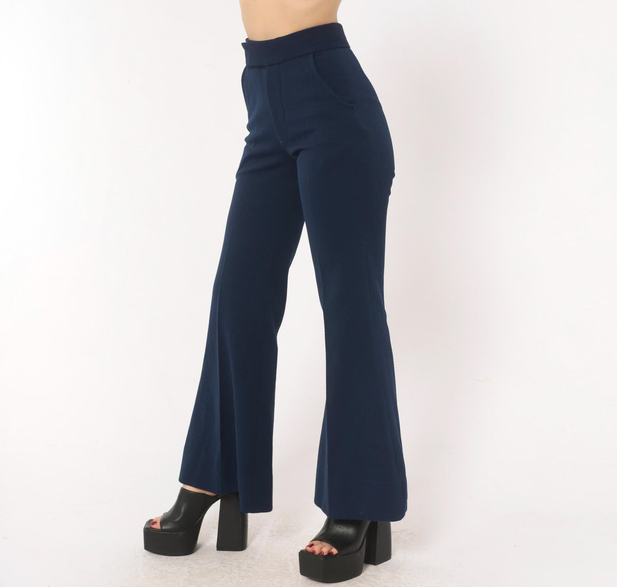 70s Oaxx Navy Bell Bottom Flare Pants High Waist Fitted Hip Extra Small