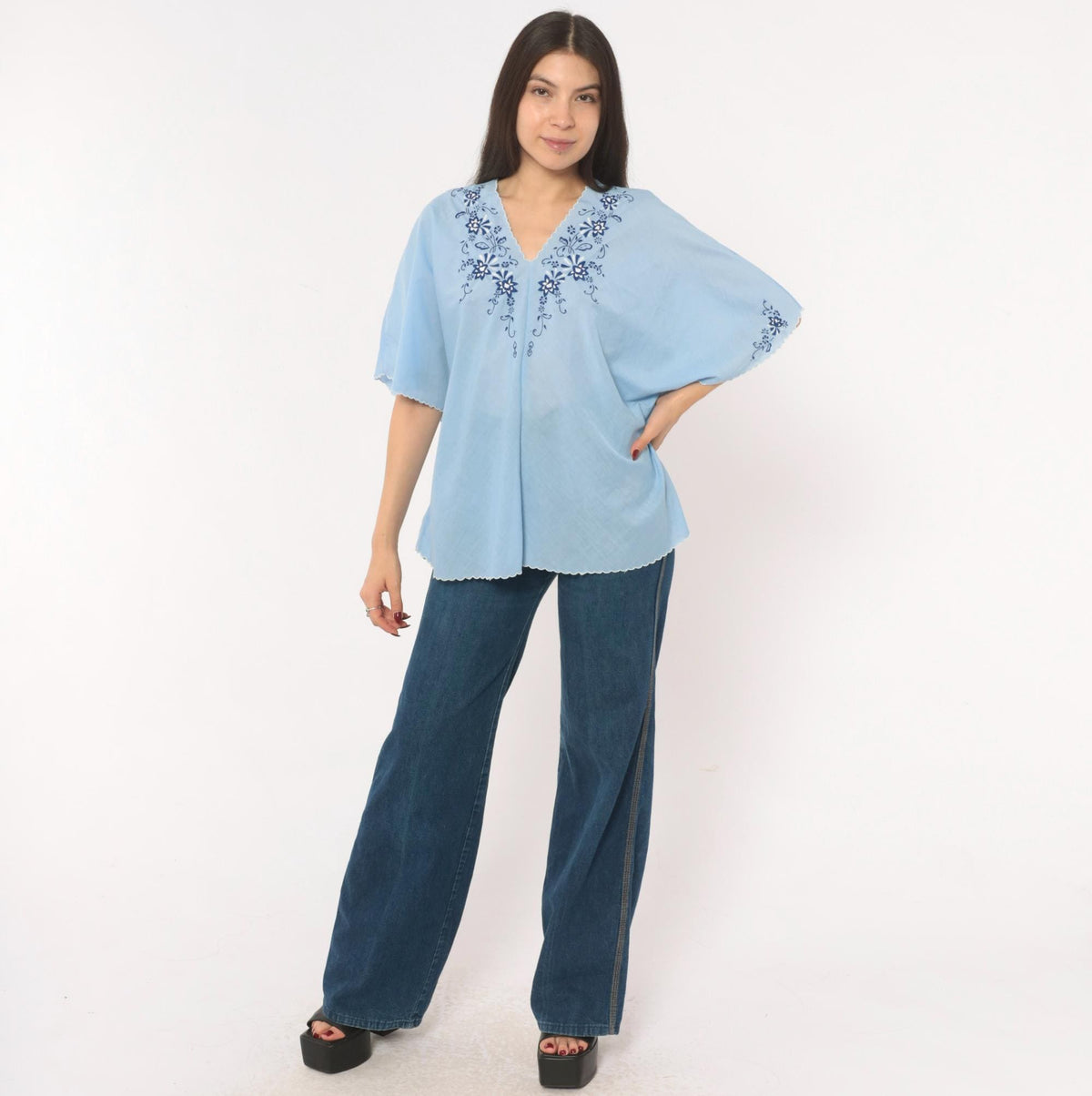 80s Sky Blue Cotton Peasant Blouse Embroidered Floral V Neck Flutter Sleeve Medium Large
