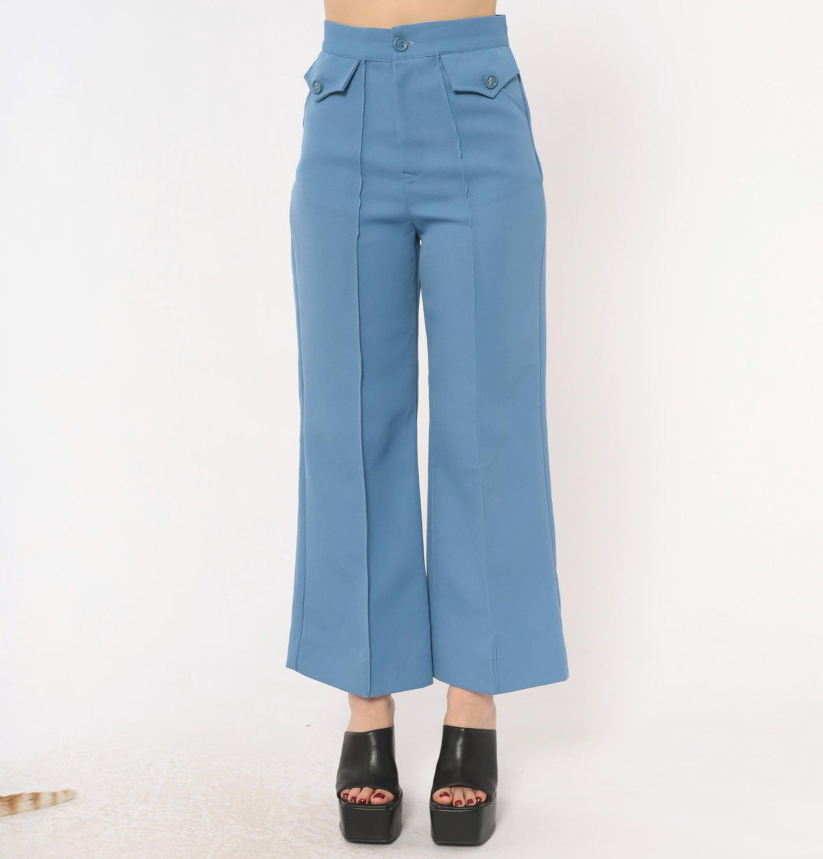 70s Steel Blue High Waisted Wide Leg Flare Trousers Cropped Ankle Extra Small XS