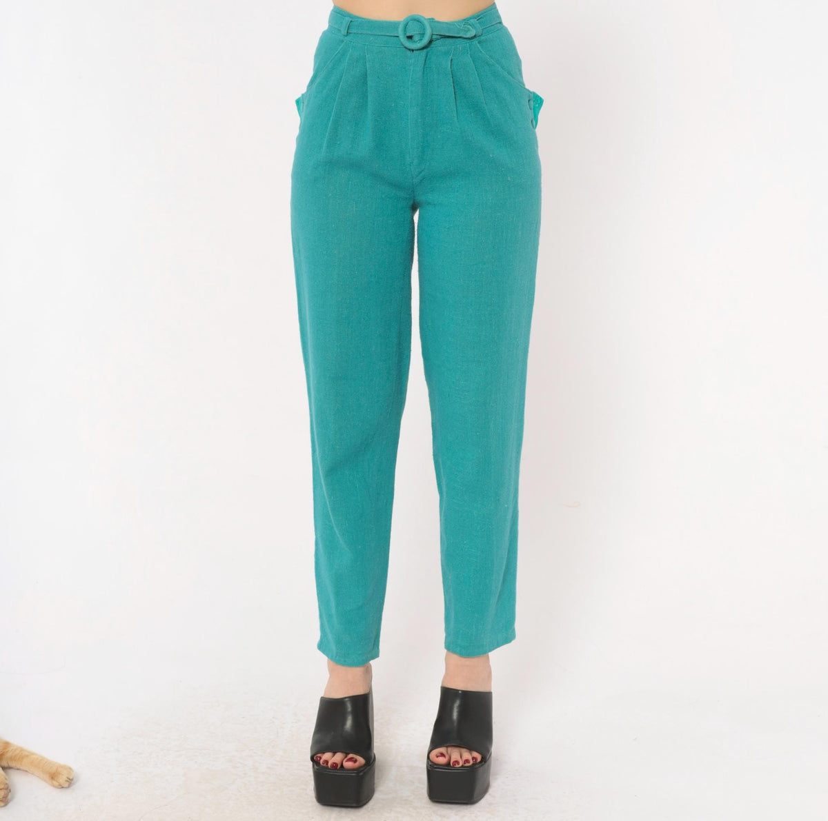 80s Teal High-Waist Pleated Tapered Trousers Eyelet Pockets Extra Small XS
