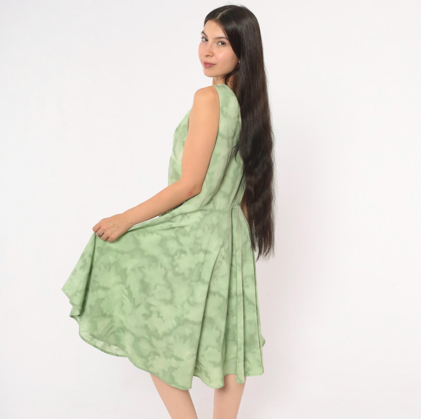 80s Sage Mint Tie Dye Sleeveless V-Neck Dress Pleated Knee Length Large