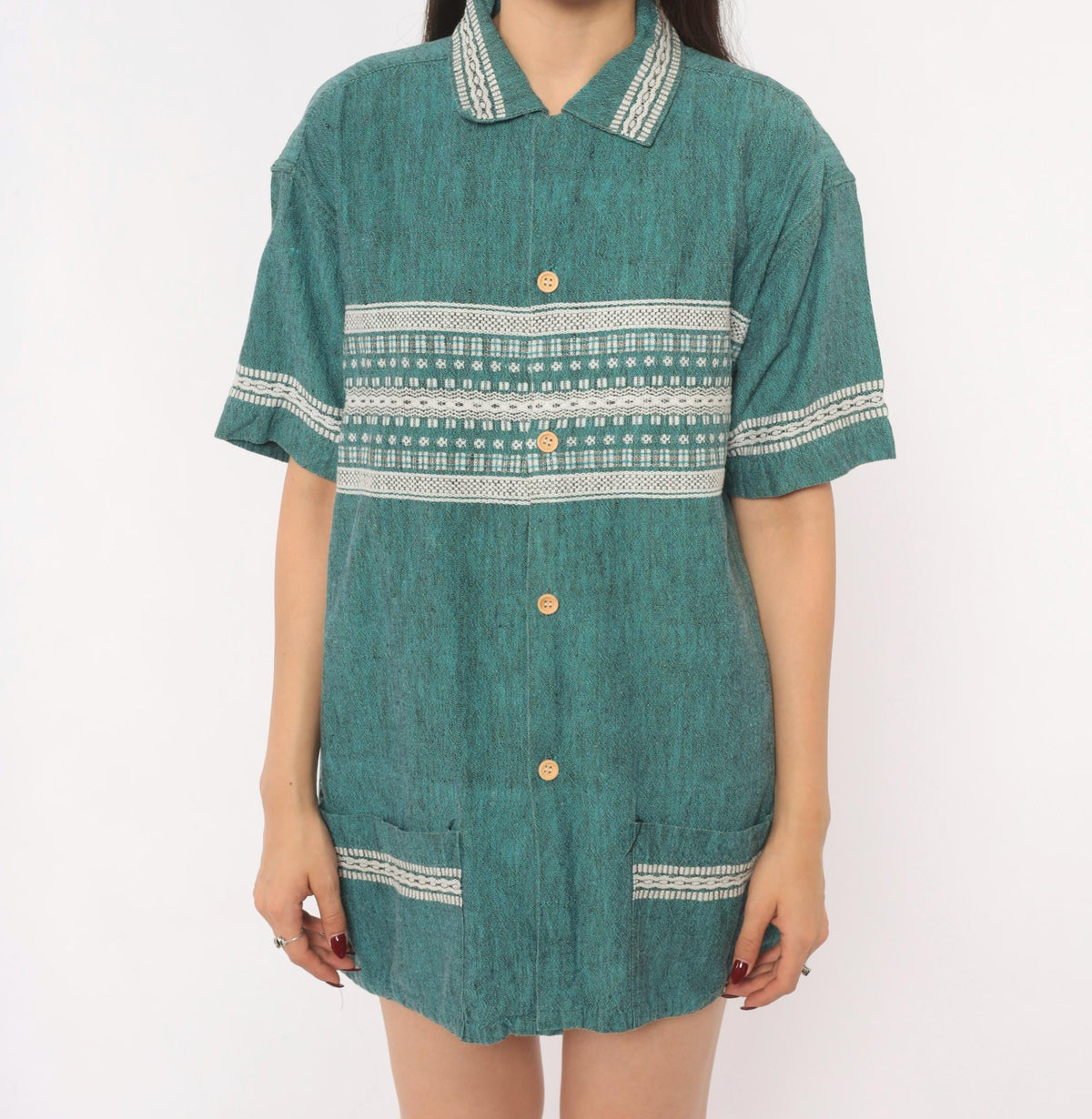 90s Teal Woven Shirt Jacquard Folk Pattern Cotton Collared Camp Large